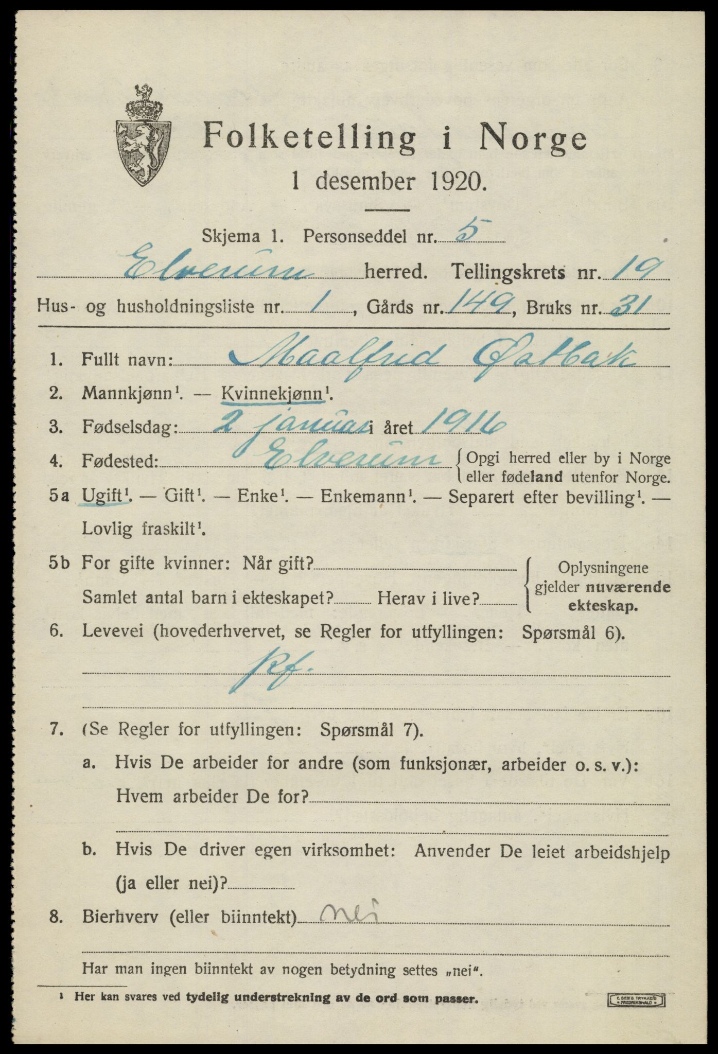 SAH, 1920 census for Elverum, 1920, p. 22546