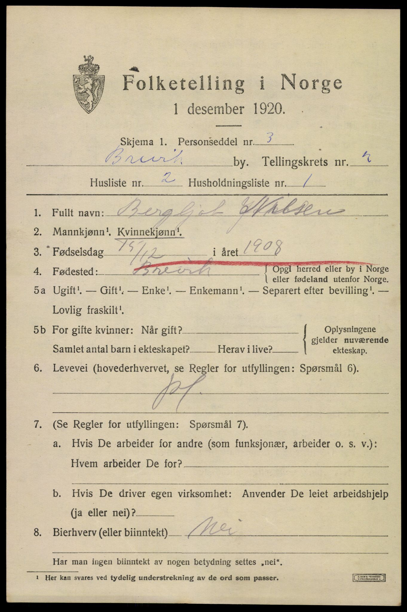 SAKO, 1920 census for Brevik, 1920, p. 3882