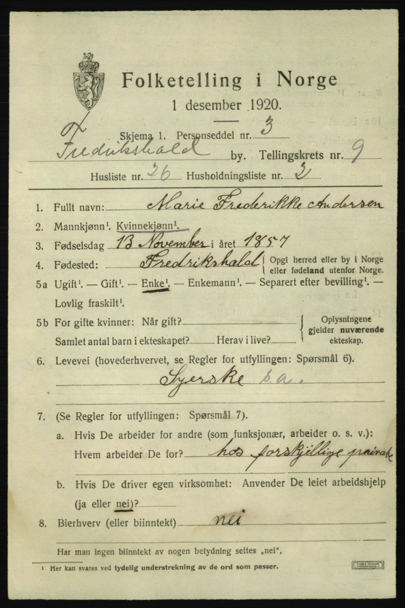 SAO, 1920 census for Fredrikshald, 1920, p. 16367