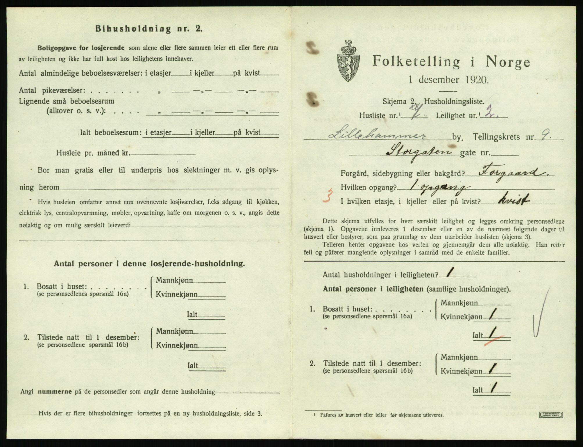 SAH, 1920 census for Lillehammer, 1920, p. 3070