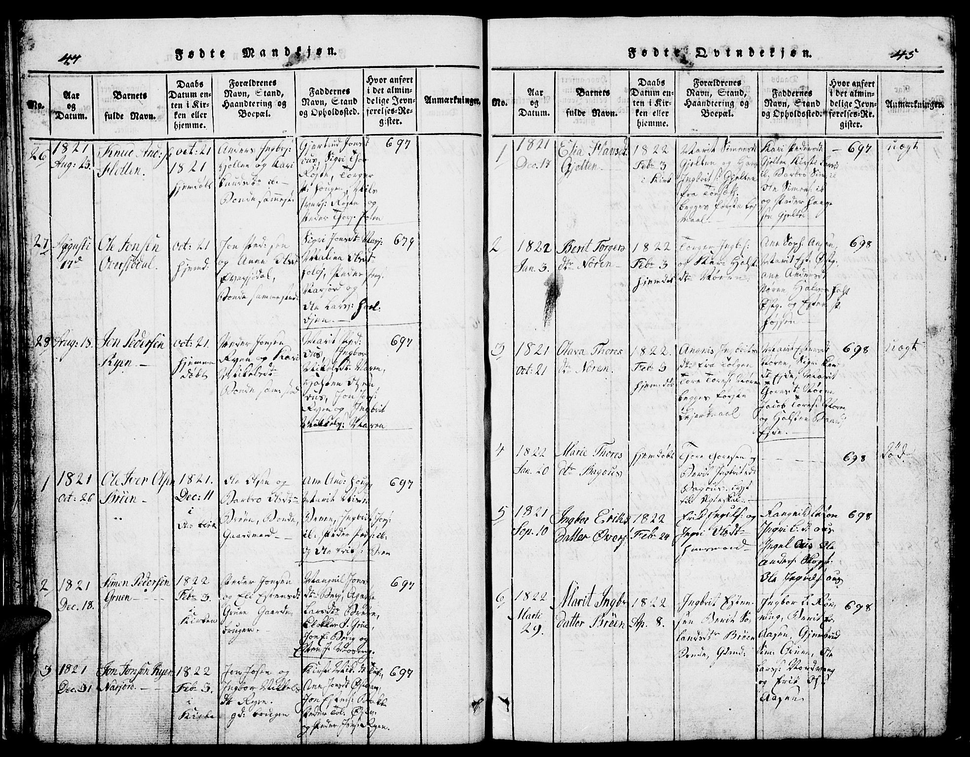 Tolga prestekontor, SAH/PREST-062/L/L0002: Parish register (copy) no. 2, 1815-1844, p. 44-45