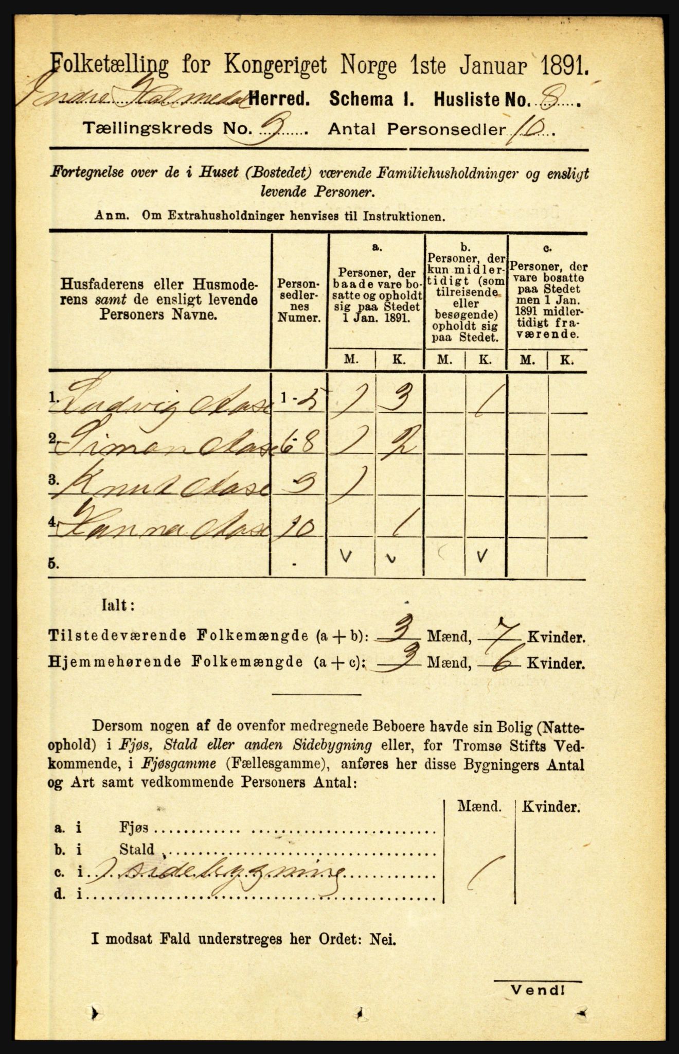 RA, 1891 census for 1430 Indre Holmedal, 1891, p. 3960