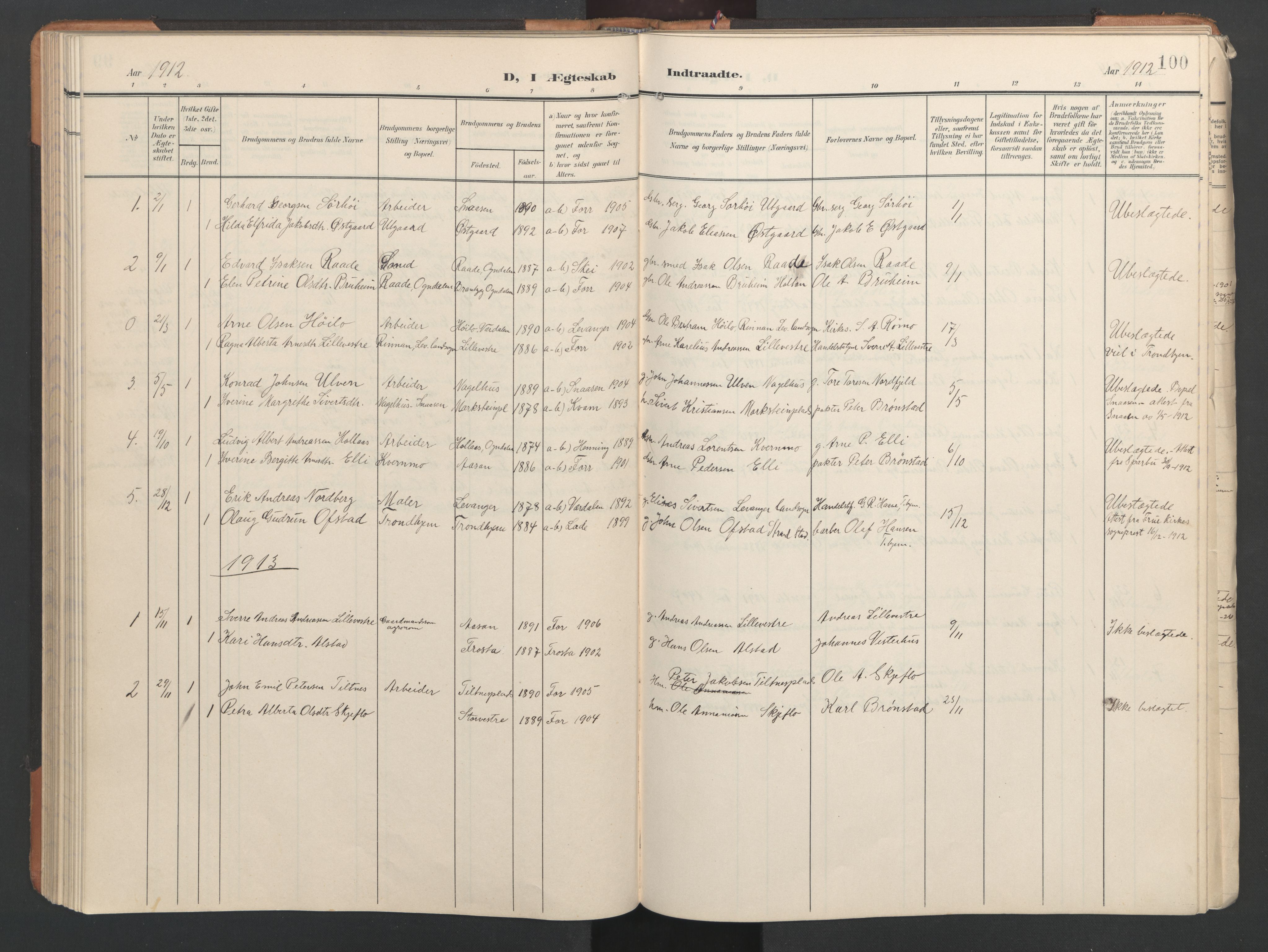 Ministerialprotokoller, klokkerbøker og fødselsregistre - Nord-Trøndelag, SAT/A-1458/746/L0455: Parish register (copy) no. 746C01, 1908-1933, p. 100