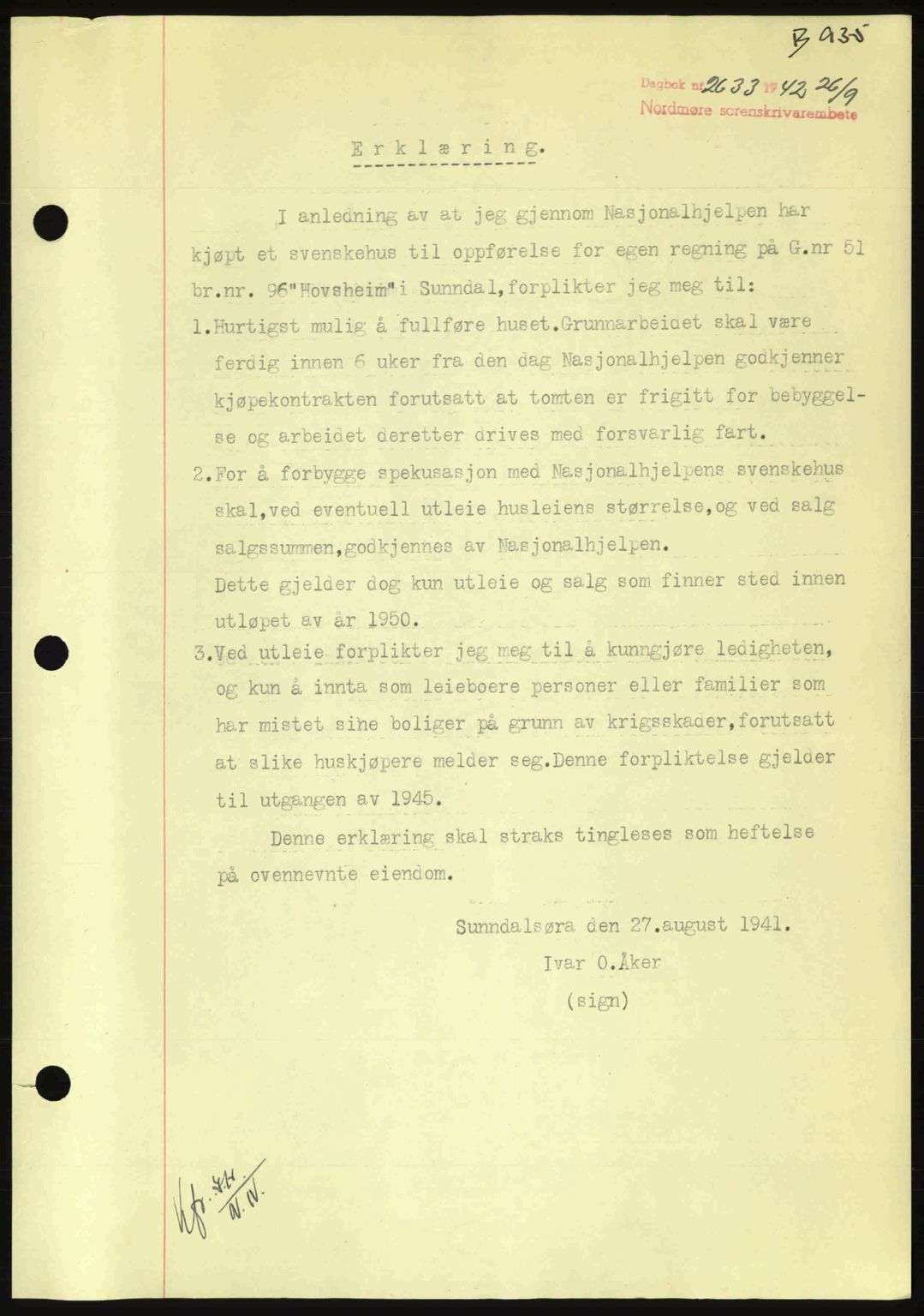 Nordmøre sorenskriveri, AV/SAT-A-4132/1/2/2Ca: Mortgage book no. B89, 1942-1942, Diary no: : 2633/1942