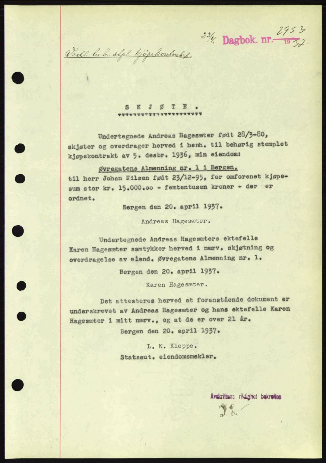 Byfogd og Byskriver i Bergen, SAB/A-3401/03/03Bc/L0004: Mortgage book no. A3-4, 1936-1937, Diary no: : 2953/1937