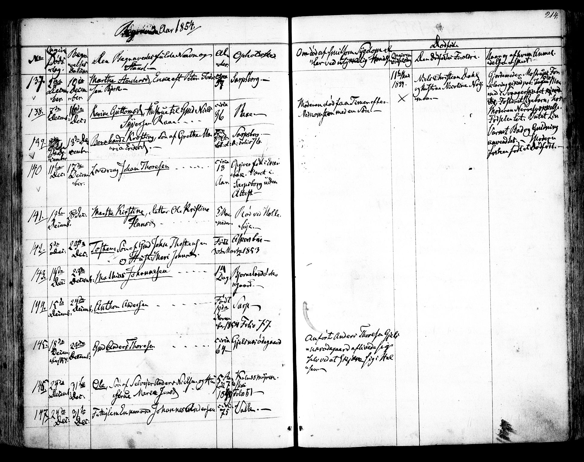 Tune prestekontor Kirkebøker, SAO/A-2007/F/Fa/L0011: Parish register (official) no. 11, 1852-1856, p. 214