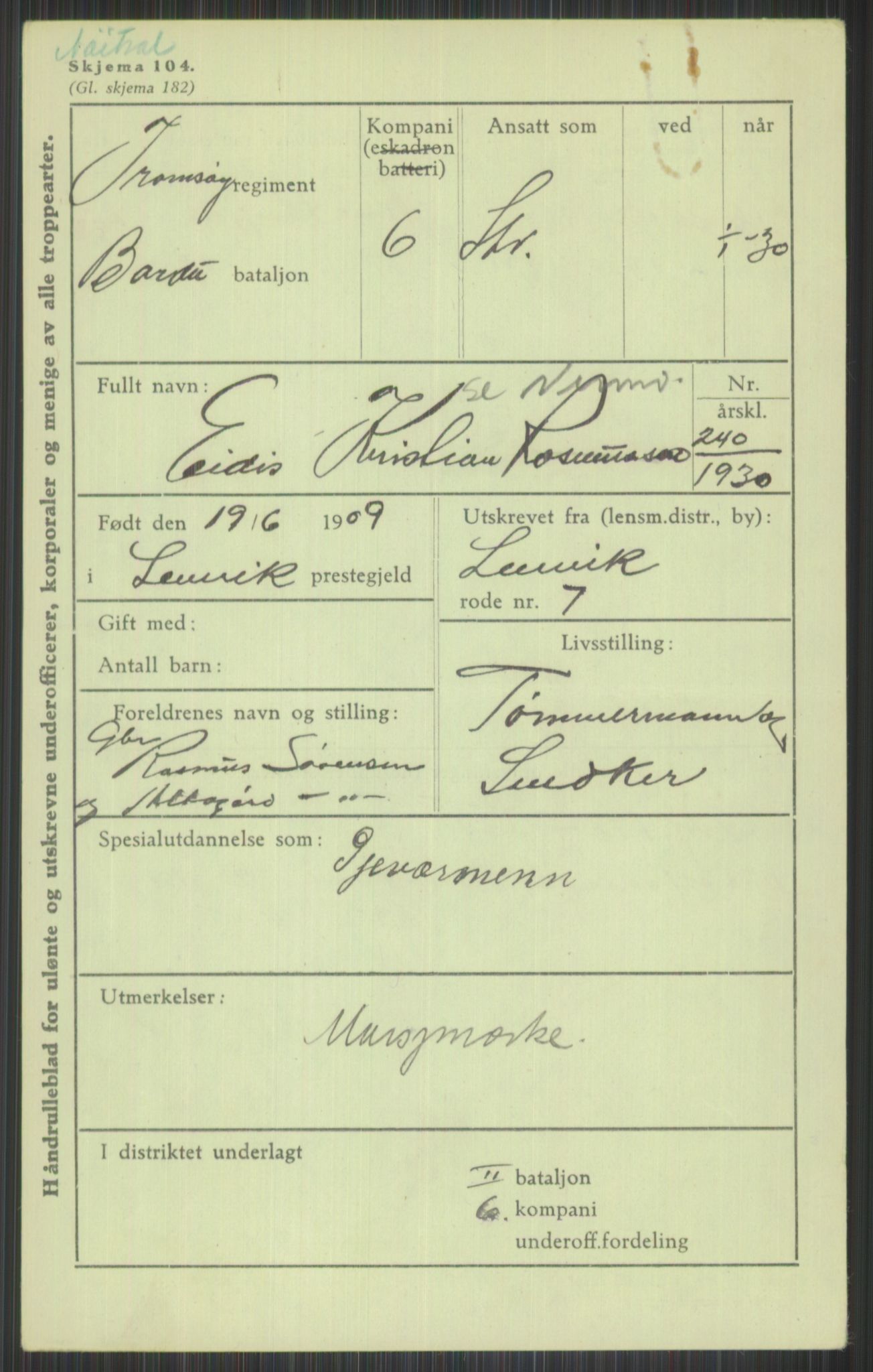 Forsvaret, Troms infanteriregiment nr. 16, AV/RA-RAFA-3146/P/Pa/L0014: Rulleblad for regimentets menige mannskaper, årsklasse 1930, 1930, p. 901