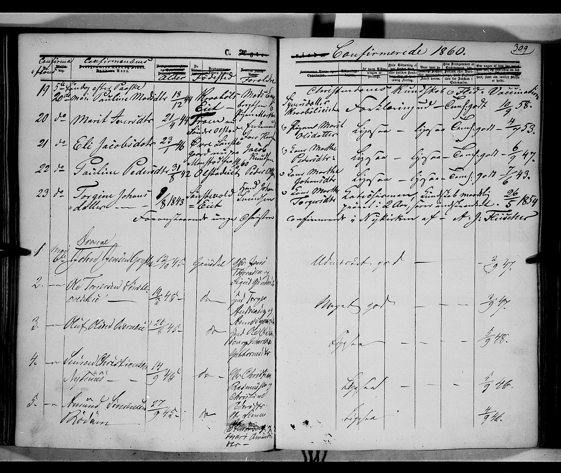 Gausdal prestekontor, SAH/PREST-090/H/Ha/Haa/L0008: Parish register (official) no. 8, 1850-1861, p. 309