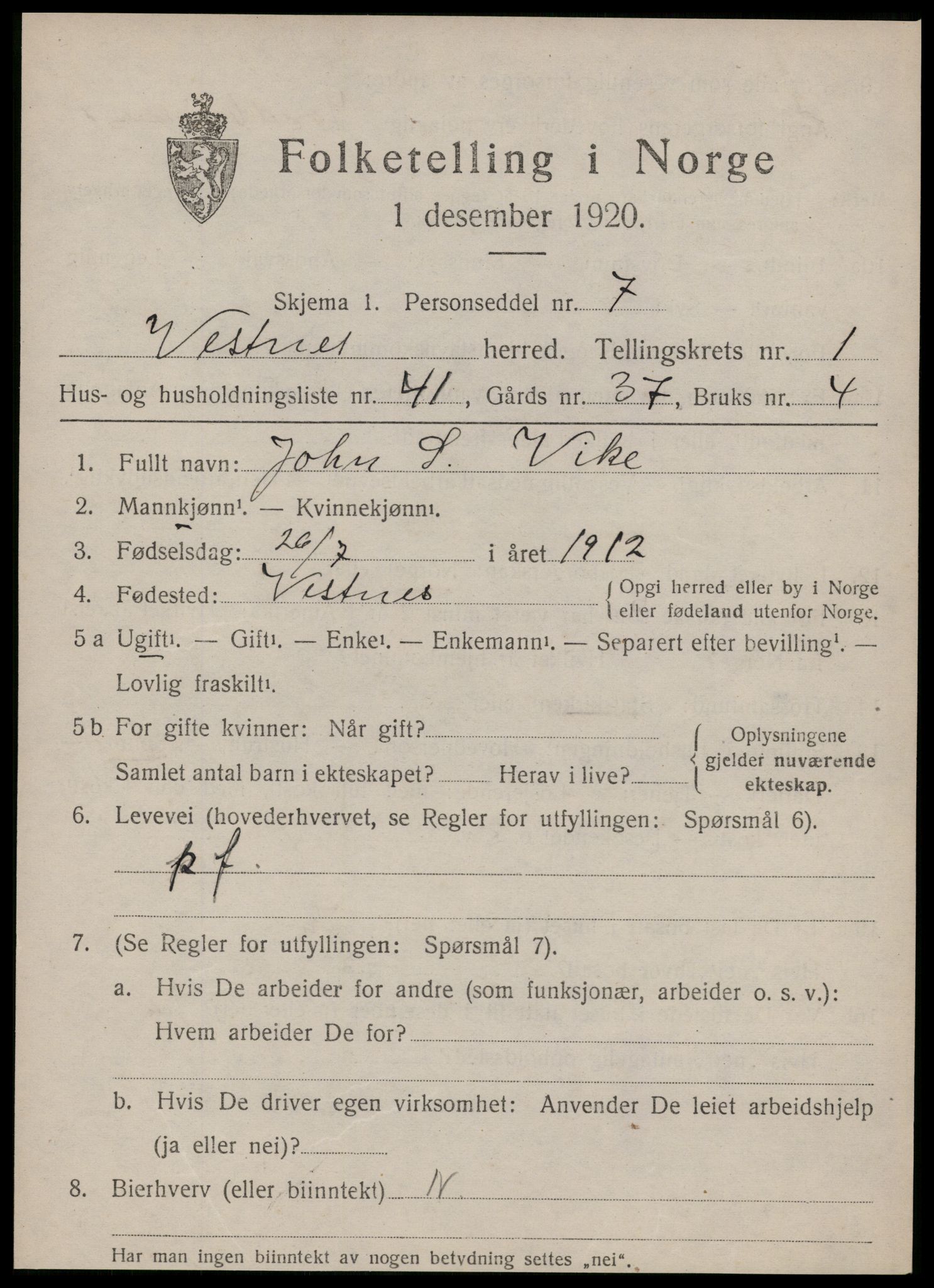 SAT, 1920 census for Vestnes, 1920, p. 1713