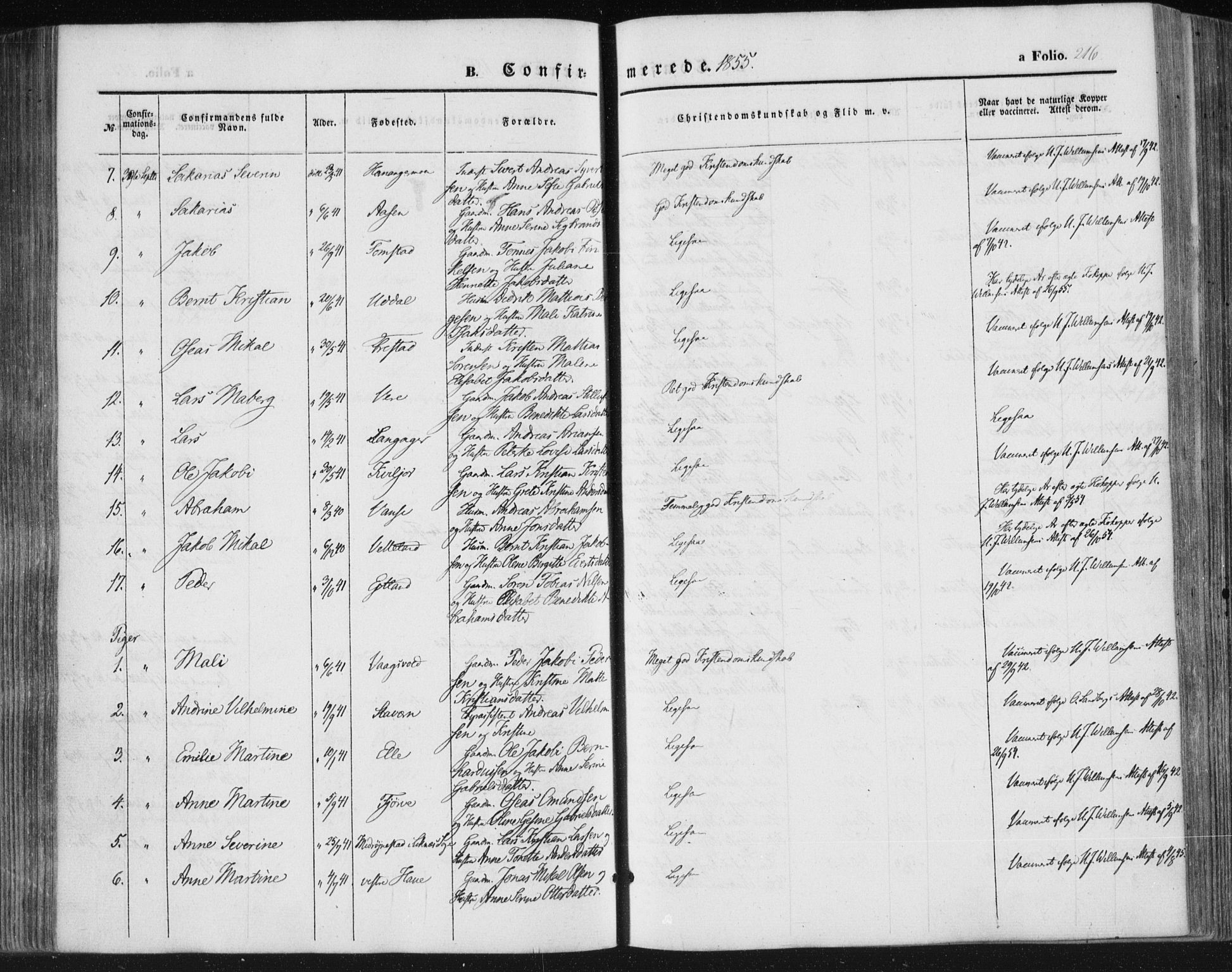 Lista sokneprestkontor, AV/SAK-1111-0027/F/Fa/L0010: Parish register (official) no. A 10, 1846-1861, p. 216