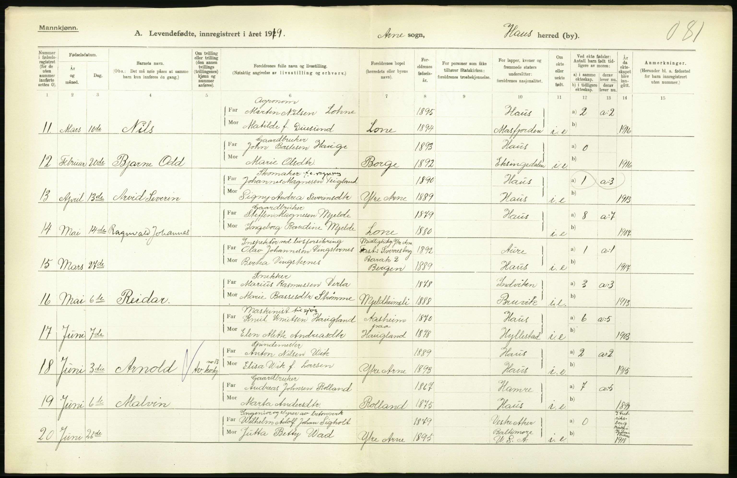 Statistisk sentralbyrå, Sosiodemografiske emner, Befolkning, AV/RA-S-2228/D/Df/Dfb/Dfbi/L0031: Hordaland fylke: Levendefødte menn og kvinner. Bygder., 1919, p. 346