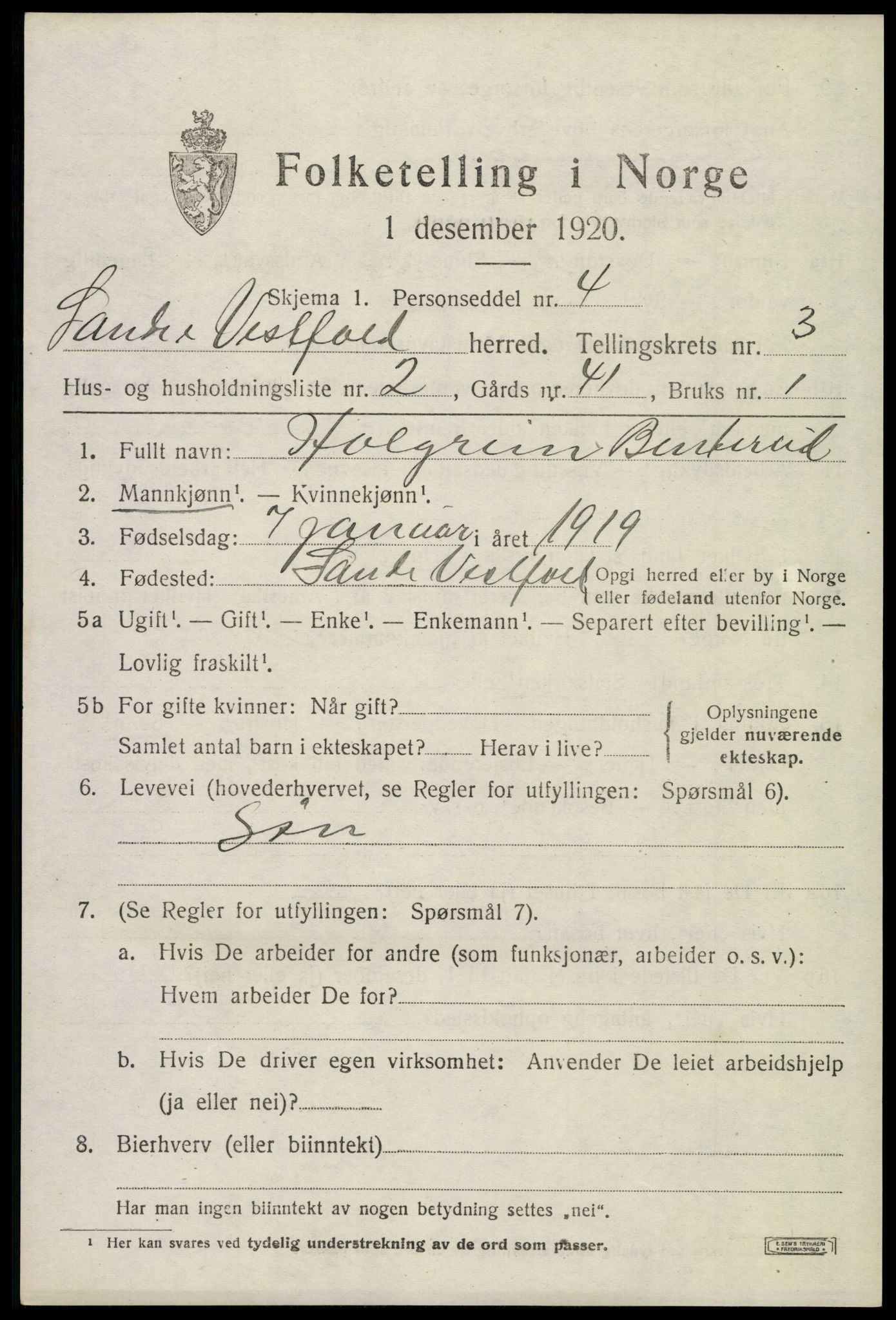 SAKO, 1920 census for Sande, 1920, p. 4066