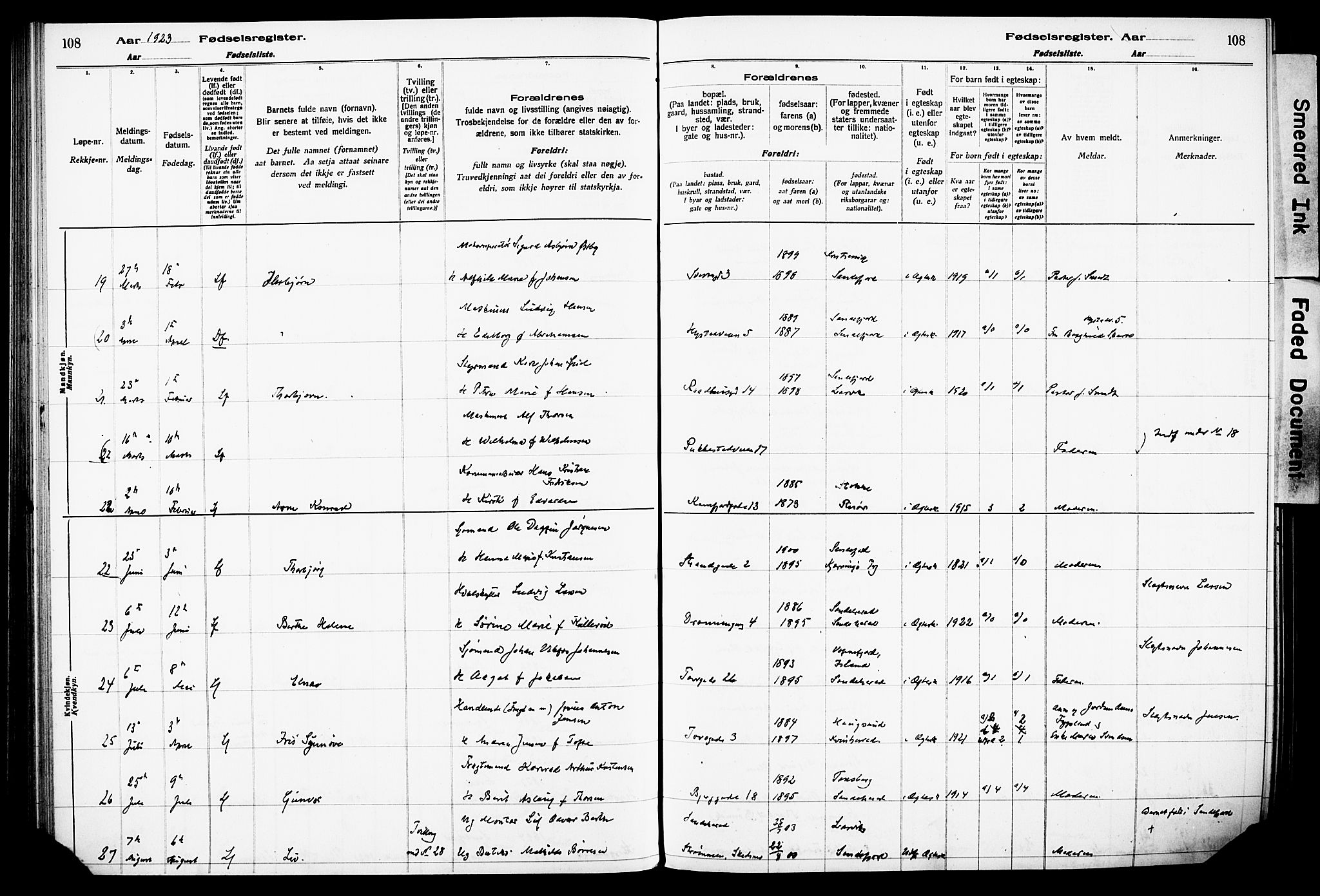 Sandefjord kirkebøker, SAKO/A-315/J/Ja/L0001: Birth register no. 1, 1916-1932, p. 108