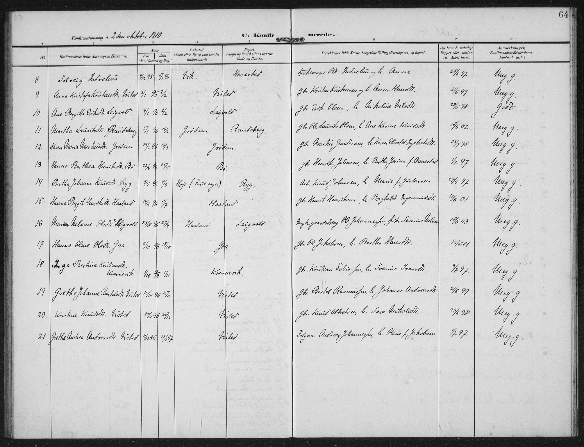 Hetland sokneprestkontor, AV/SAST-A-101826/30/30BA: Parish register (official) no. A 14, 1905-1919, p. 64