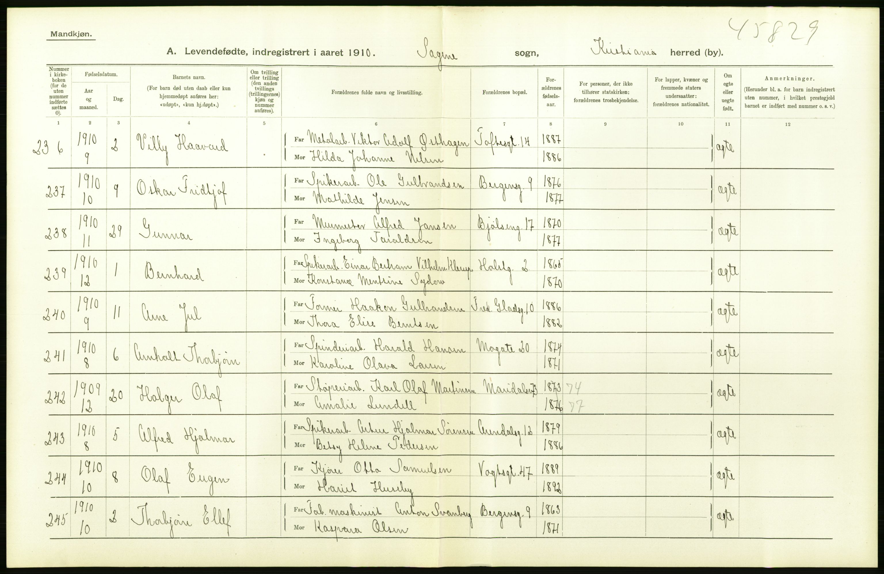 Statistisk sentralbyrå, Sosiodemografiske emner, Befolkning, RA/S-2228/D/Df/Dfa/Dfah/L0006: Kristiania: Levendefødte menn., 1910, p. 468