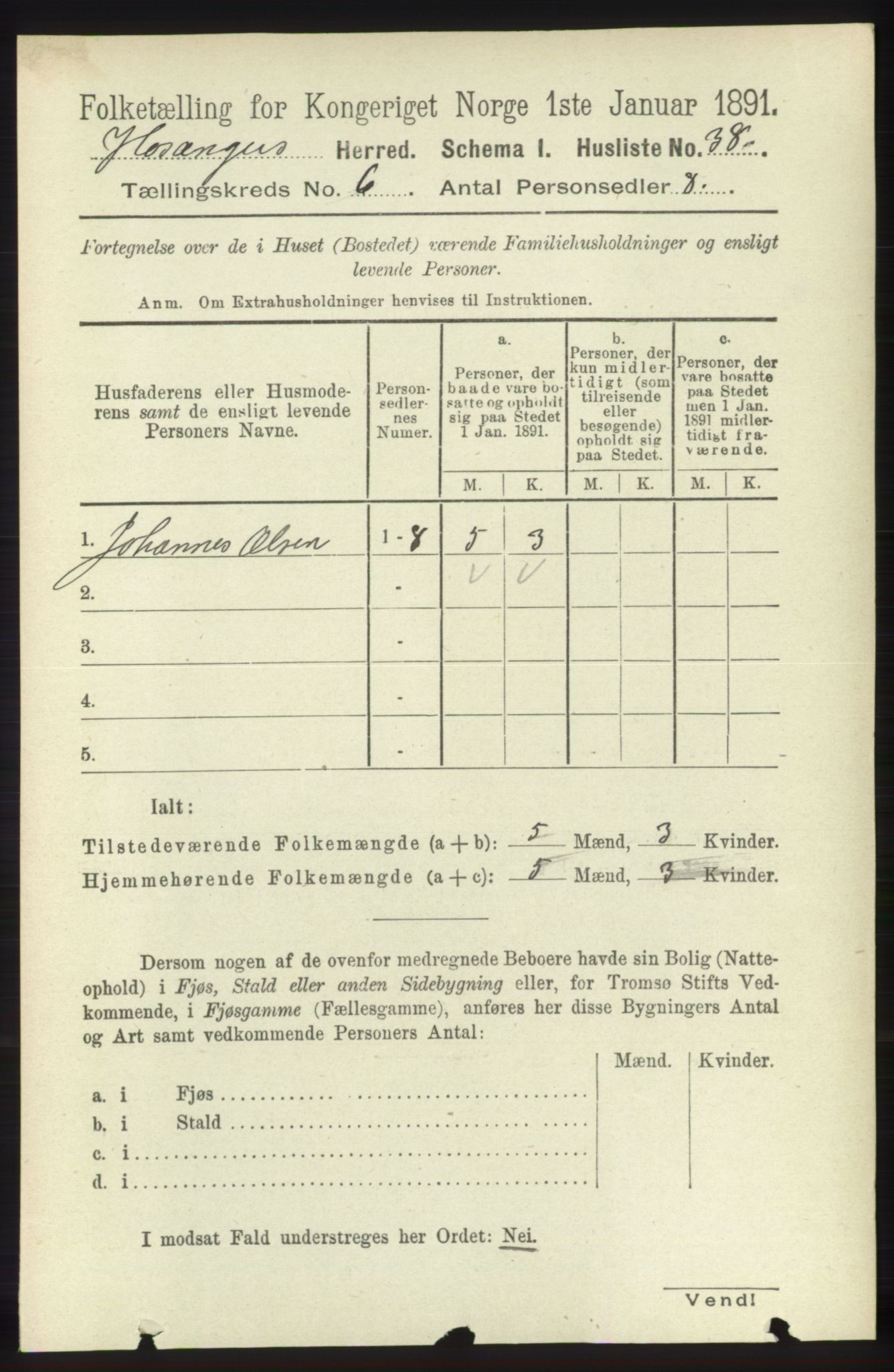 RA, 1891 census for 1253 Hosanger, 1891, p. 2133