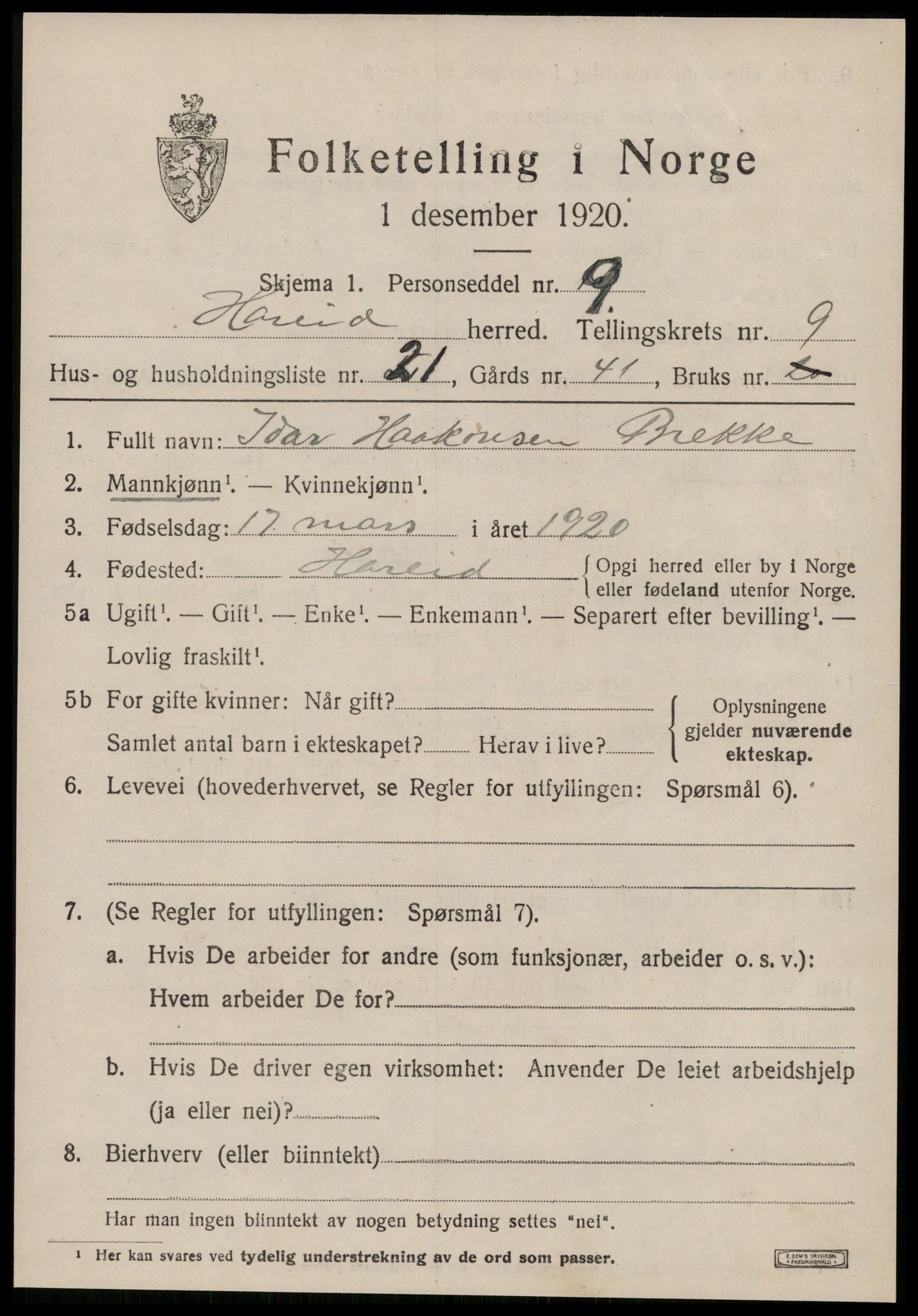 SAT, 1920 census for Hareid, 1920, p. 3515