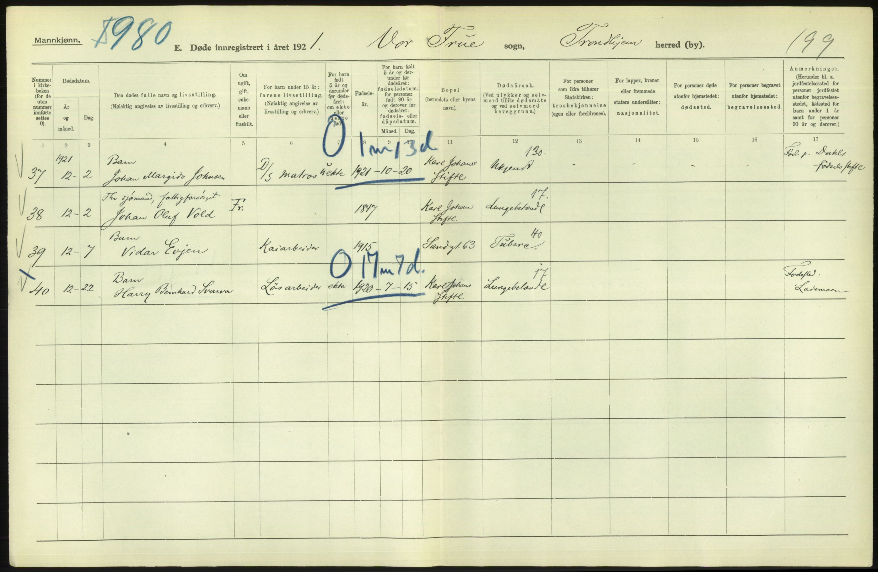 Statistisk sentralbyrå, Sosiodemografiske emner, Befolkning, RA/S-2228/D/Df/Dfc/Dfca/L0046: Trondheim: Døde, dødfødte., 1921, p. 254