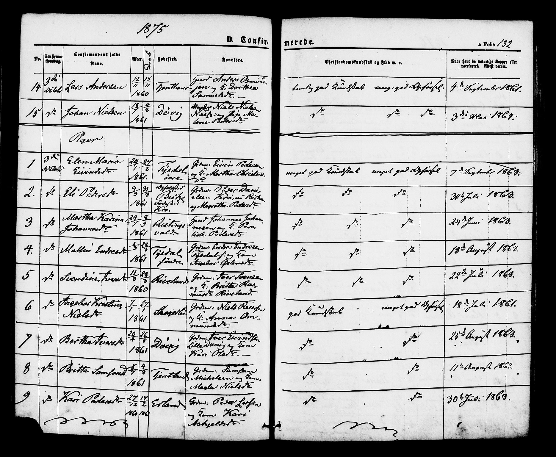 Hjelmeland sokneprestkontor, AV/SAST-A-101843/01/IV/L0012: Parish register (official) no. A 12, 1862-1886, p. 132