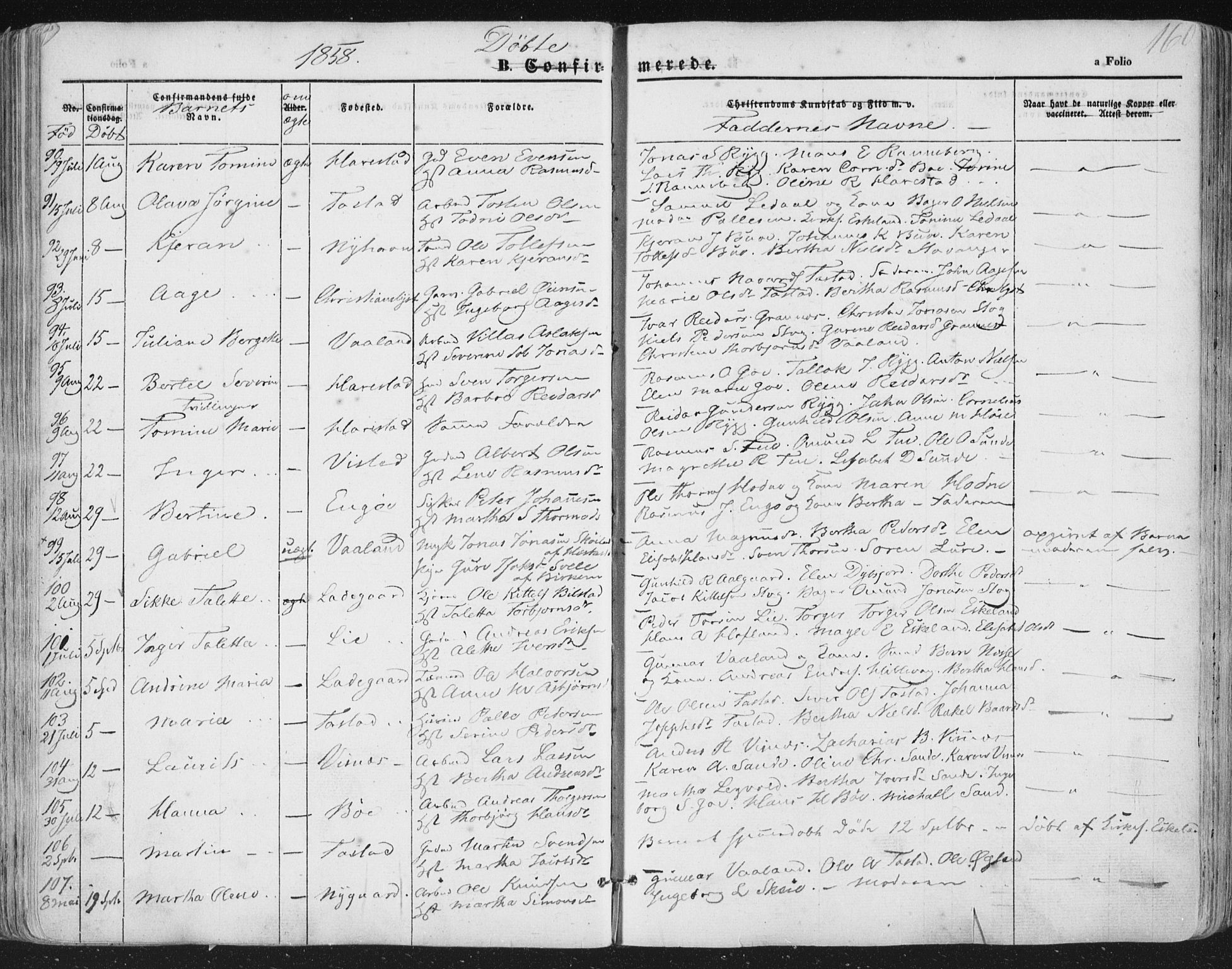 Hetland sokneprestkontor, AV/SAST-A-101826/30/30BA/L0002: Parish register (official) no. A 2, 1849-1869, p. 160