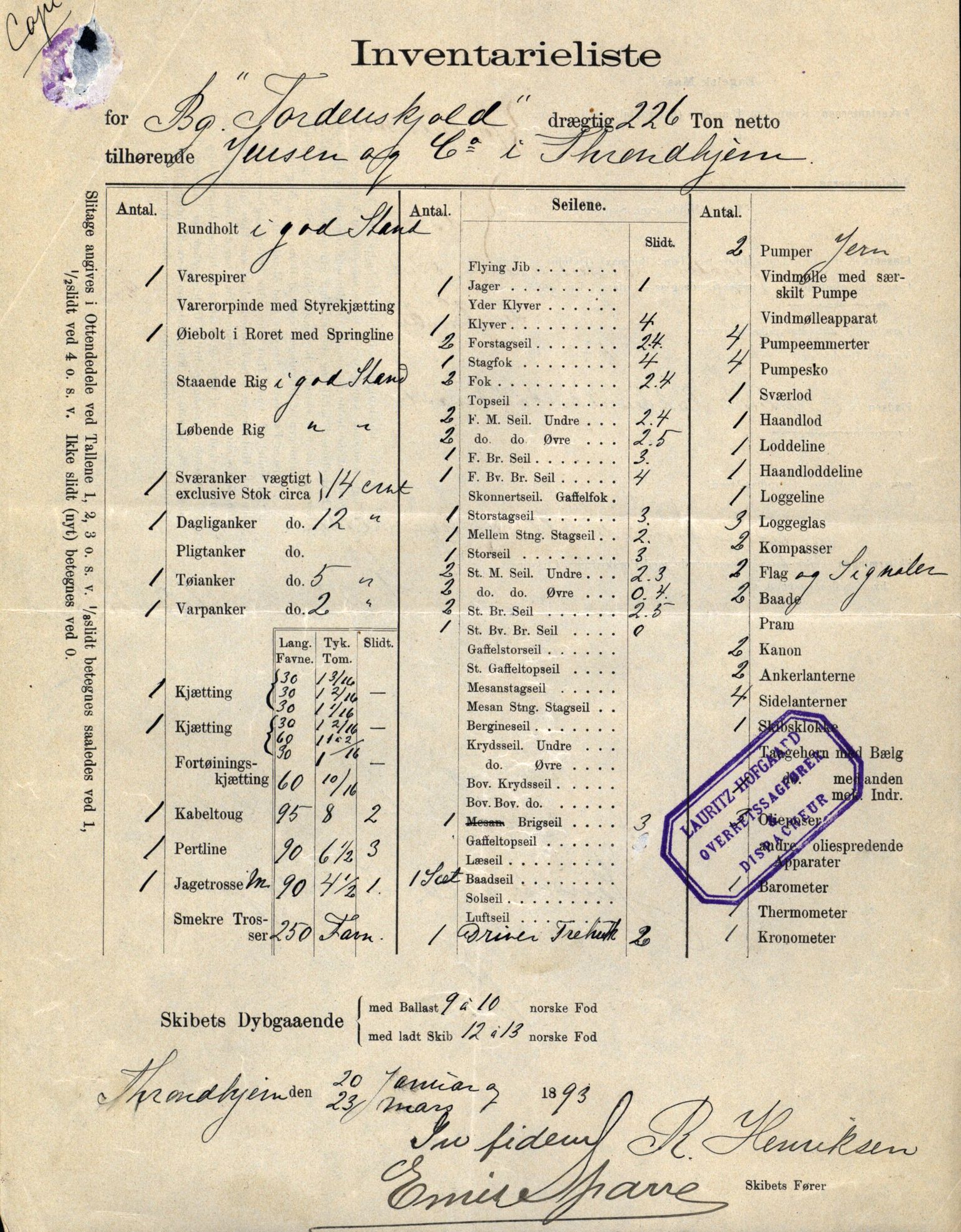 Pa 63 - Østlandske skibsassuranceforening, VEMU/A-1079/G/Ga/L0030/0003: Havaridokumenter / Rex, Salus, Schweigaard, Seladon, Titania, Tordenskjold av Trondhjem, 1893, p. 66