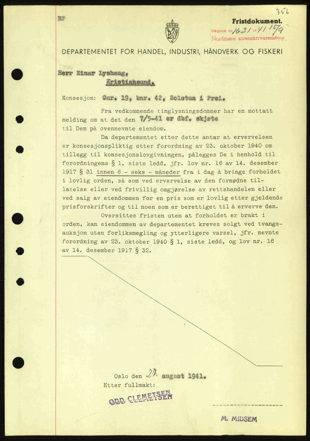 Nordmøre sorenskriveri, AV/SAT-A-4132/1/2/2Ca: Mortgage book no. B88, 1941-1942, Diary no: : 1631/1941