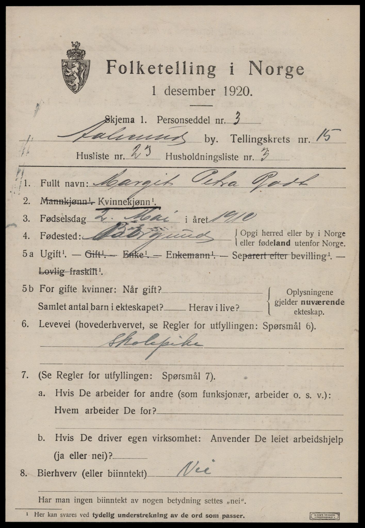 SAT, 1920 census for Ålesund, 1920, p. 30296