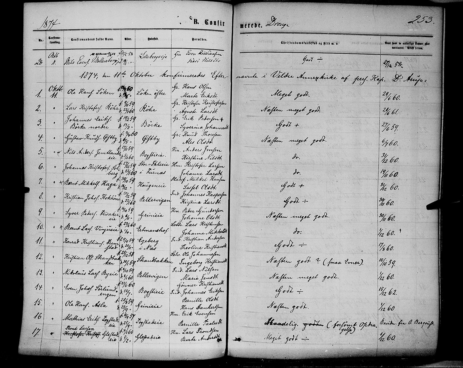 Ringsaker prestekontor, AV/SAH-PREST-014/K/Ka/L0011: Parish register (official) no. 11, 1870-1878, p. 253