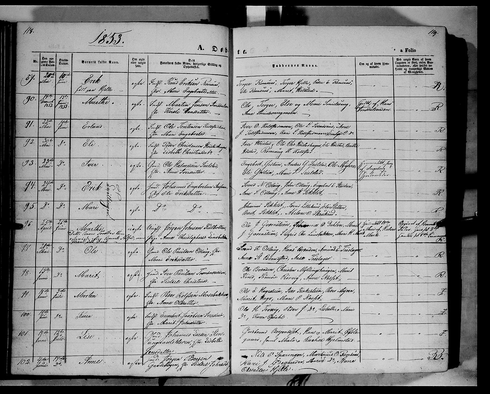 Ringebu prestekontor, SAH/PREST-082/H/Ha/Haa/L0006: Parish register (official) no. 6, 1848-1859, p. 118-119