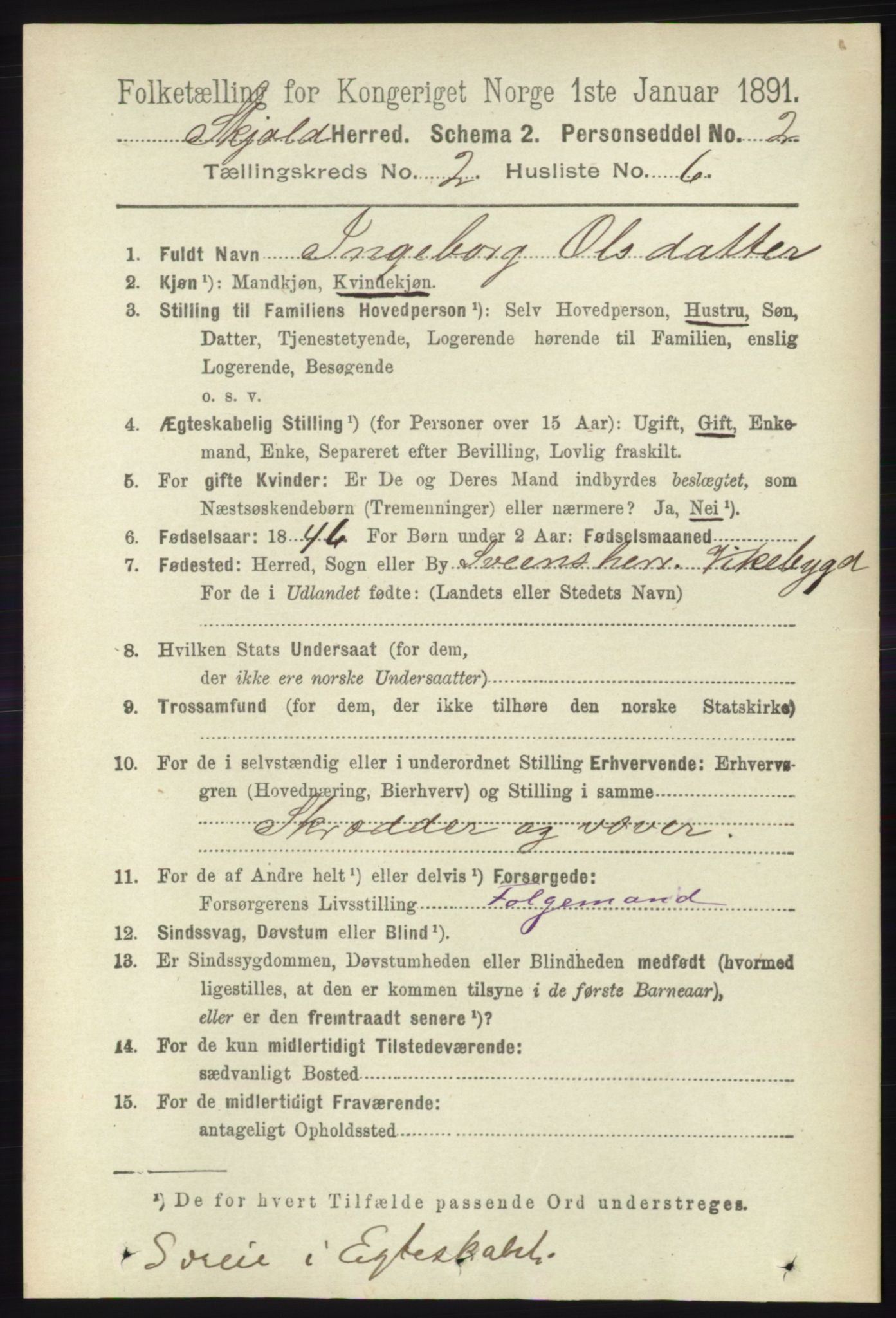 RA, 1891 census for 1154 Skjold, 1891, p. 312