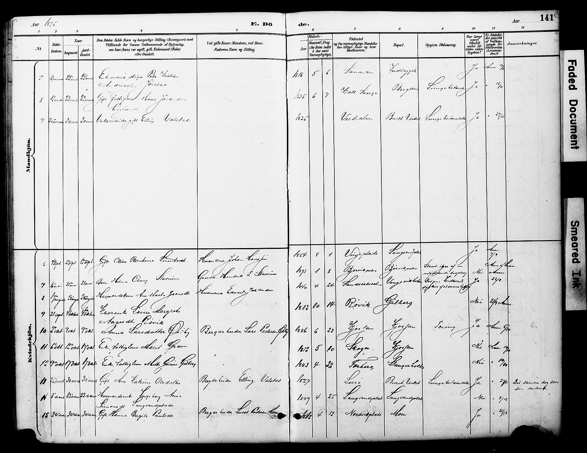 Ministerialprotokoller, klokkerbøker og fødselsregistre - Nord-Trøndelag, AV/SAT-A-1458/722/L0226: Parish register (copy) no. 722C02, 1889-1927, p. 141