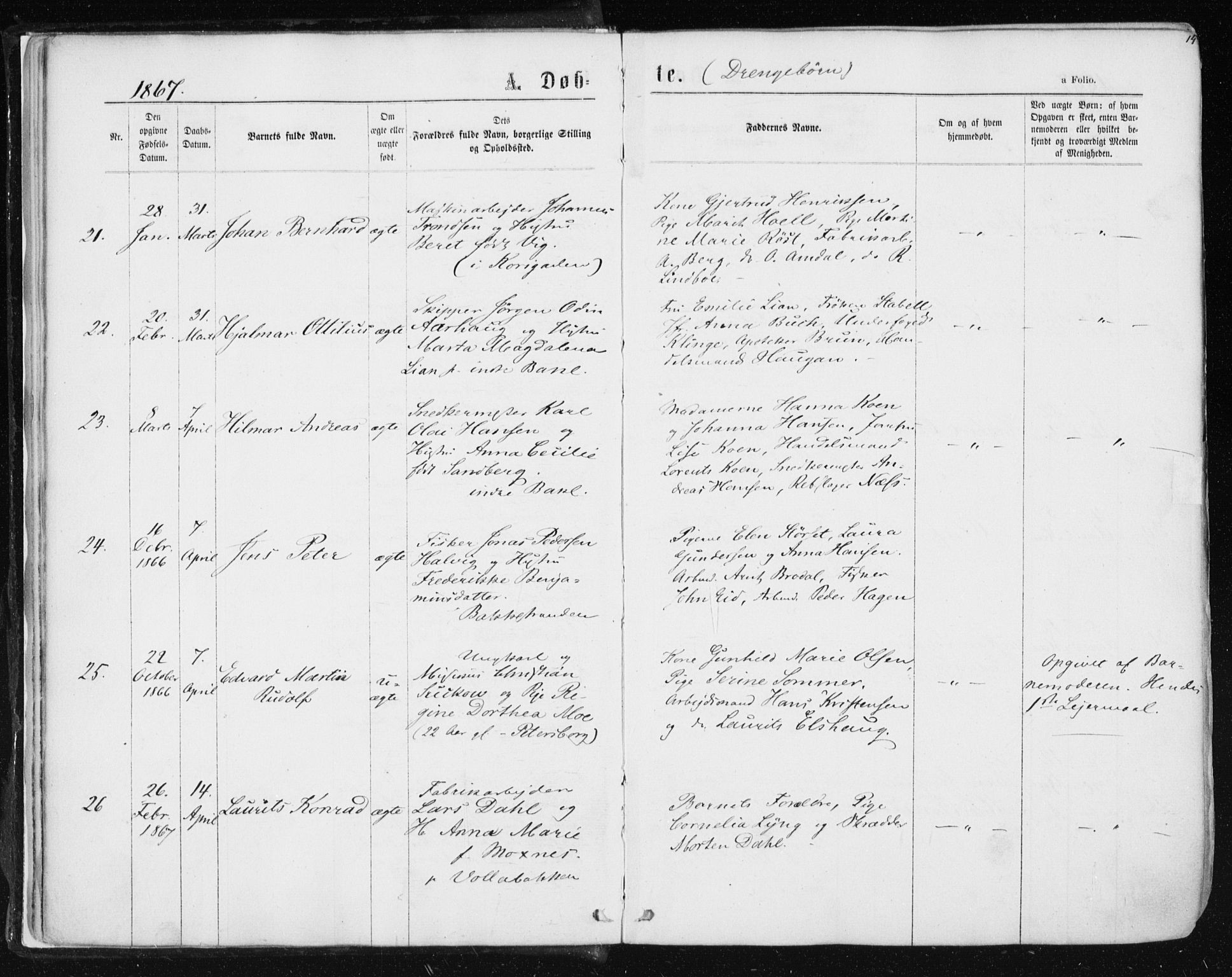 Ministerialprotokoller, klokkerbøker og fødselsregistre - Sør-Trøndelag, SAT/A-1456/604/L0186: Parish register (official) no. 604A07, 1866-1877, p. 14