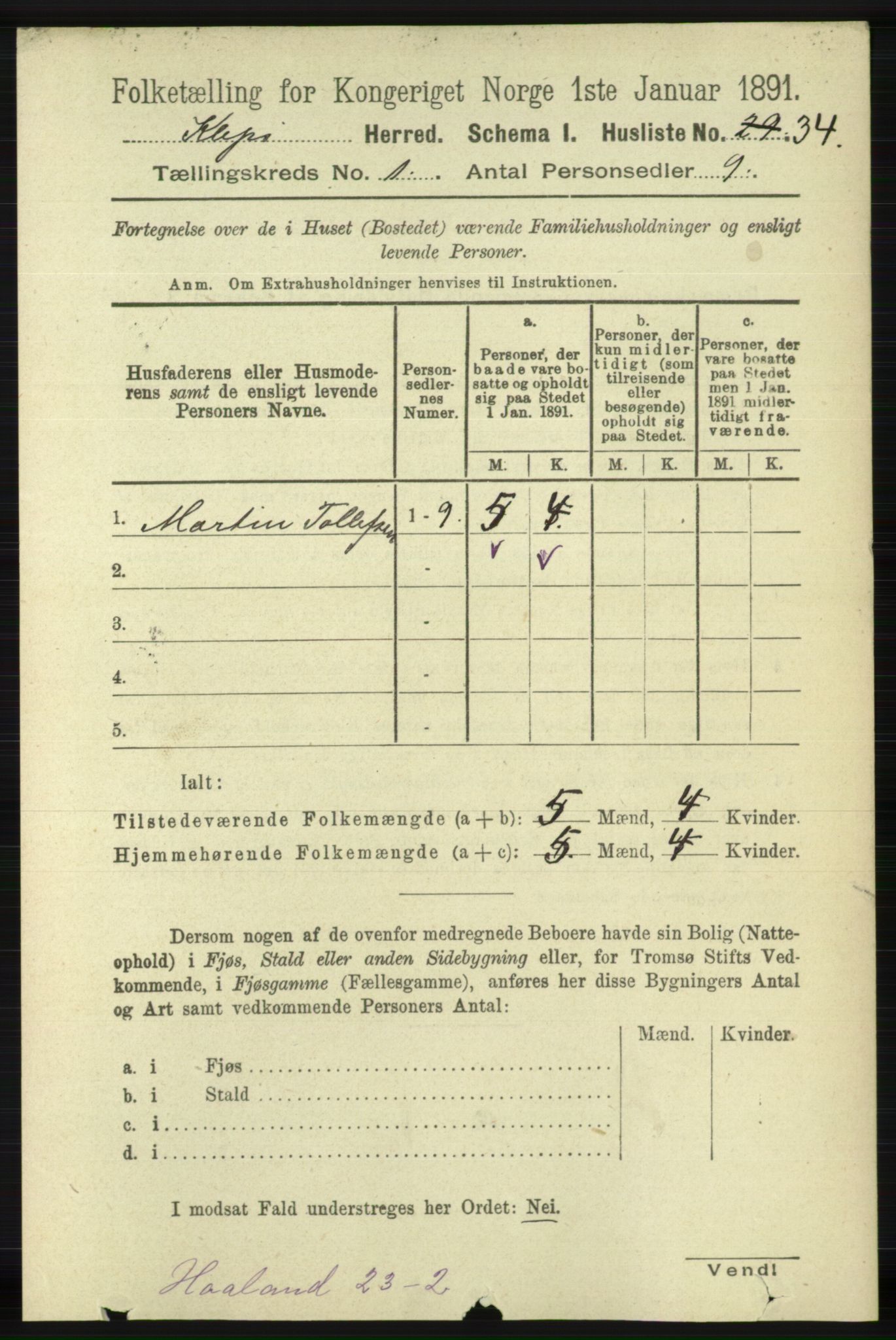 RA, 1891 census for 1120 Klepp, 1891, p. 61