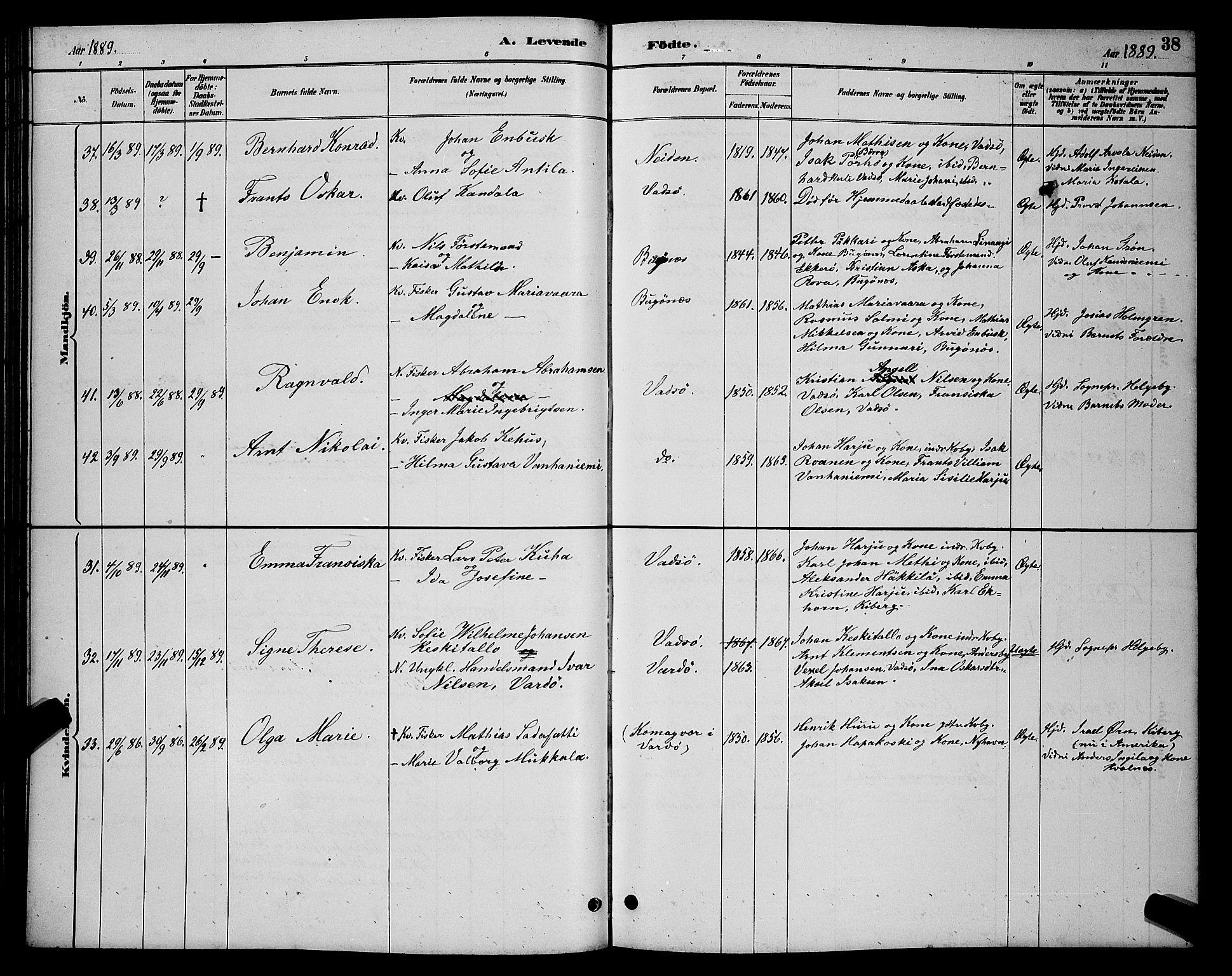 Vadsø sokneprestkontor, SATØ/S-1325/H/Hb/L0004klokker: Parish register (copy) no. 4, 1885-1895, p. 38