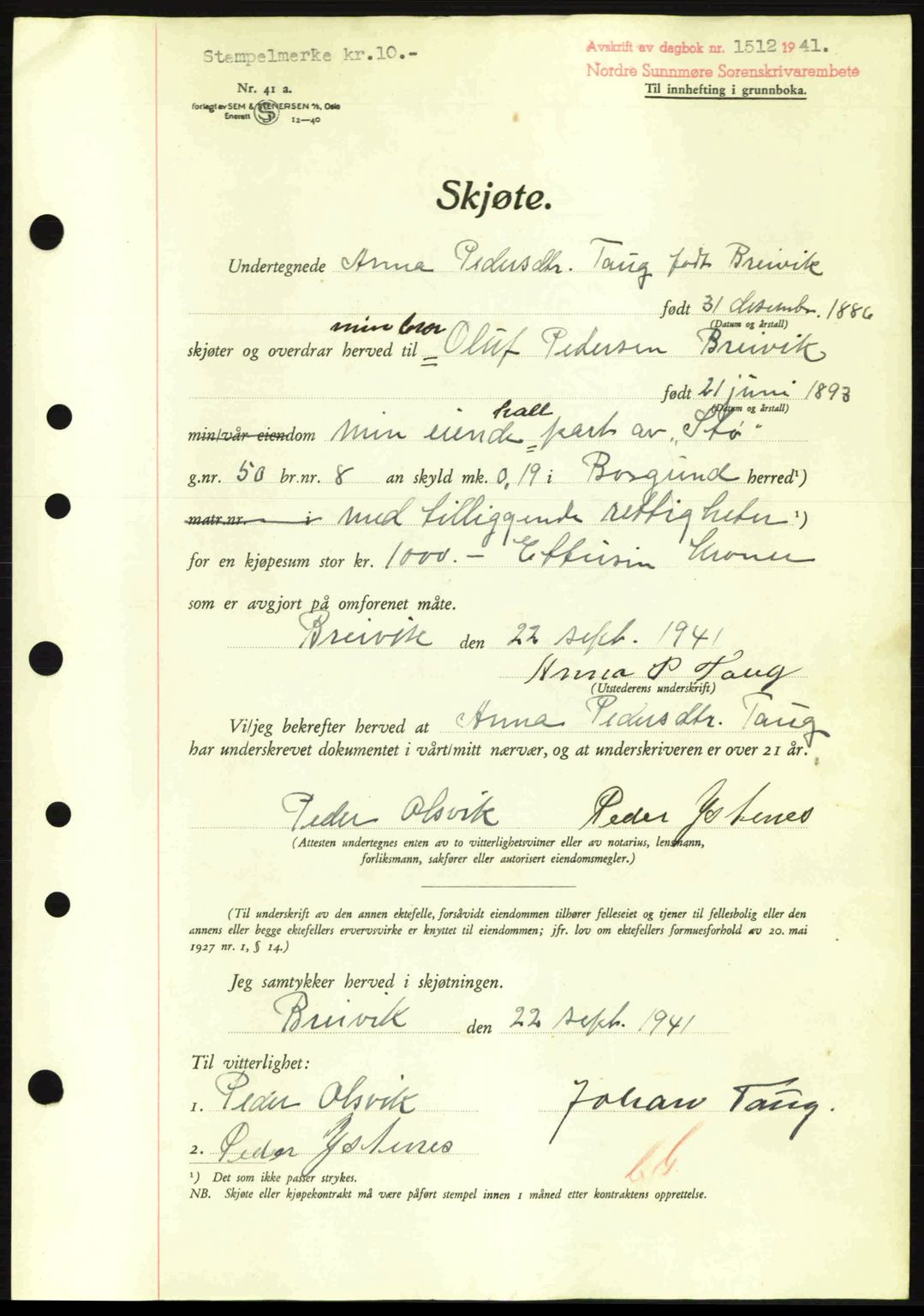 Nordre Sunnmøre sorenskriveri, AV/SAT-A-0006/1/2/2C/2Ca: Mortgage book no. A11, 1941-1941, Diary no: : 1512/1941