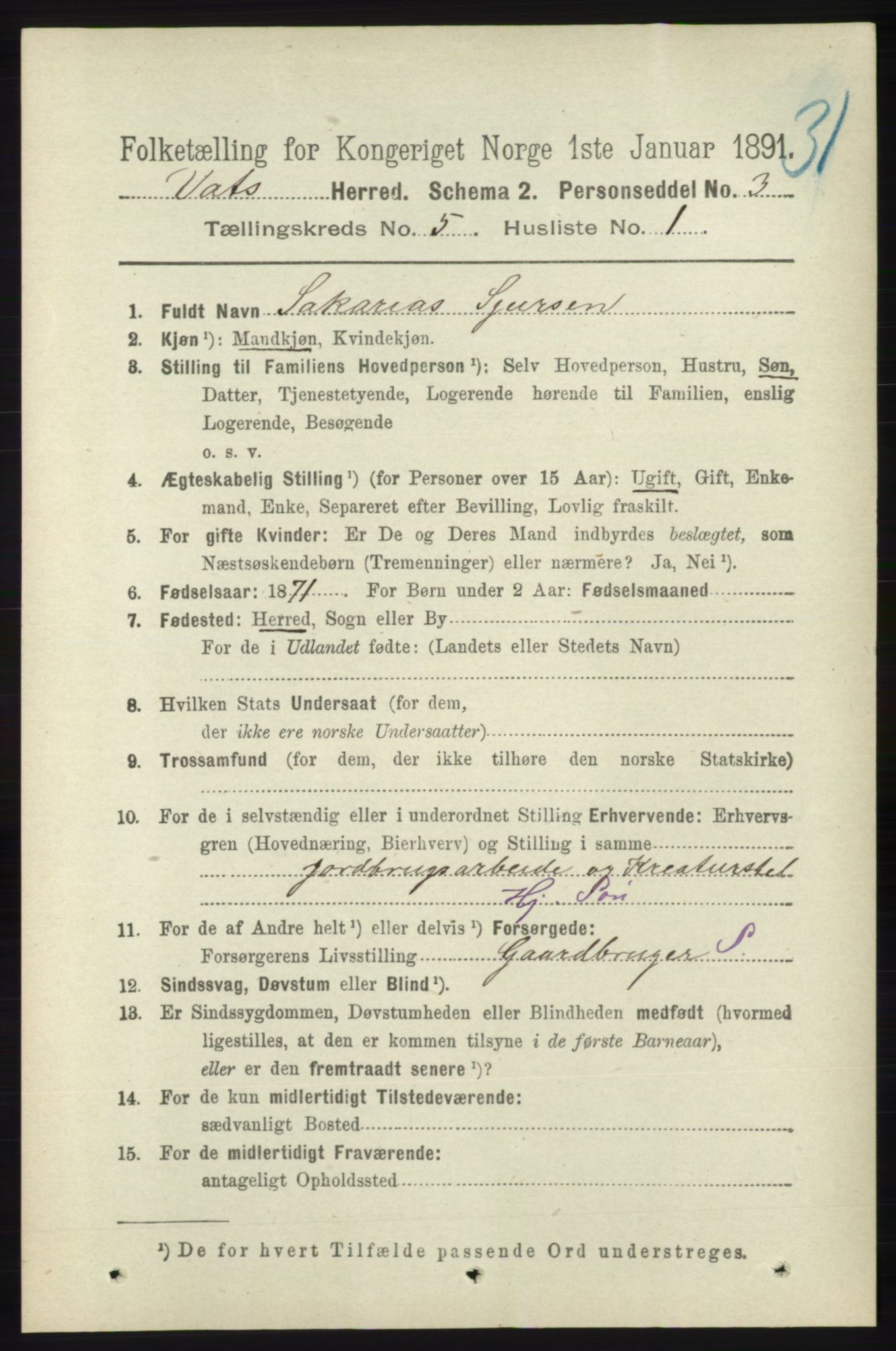 RA, 1891 census for 1155 Vats, 1891, p. 734