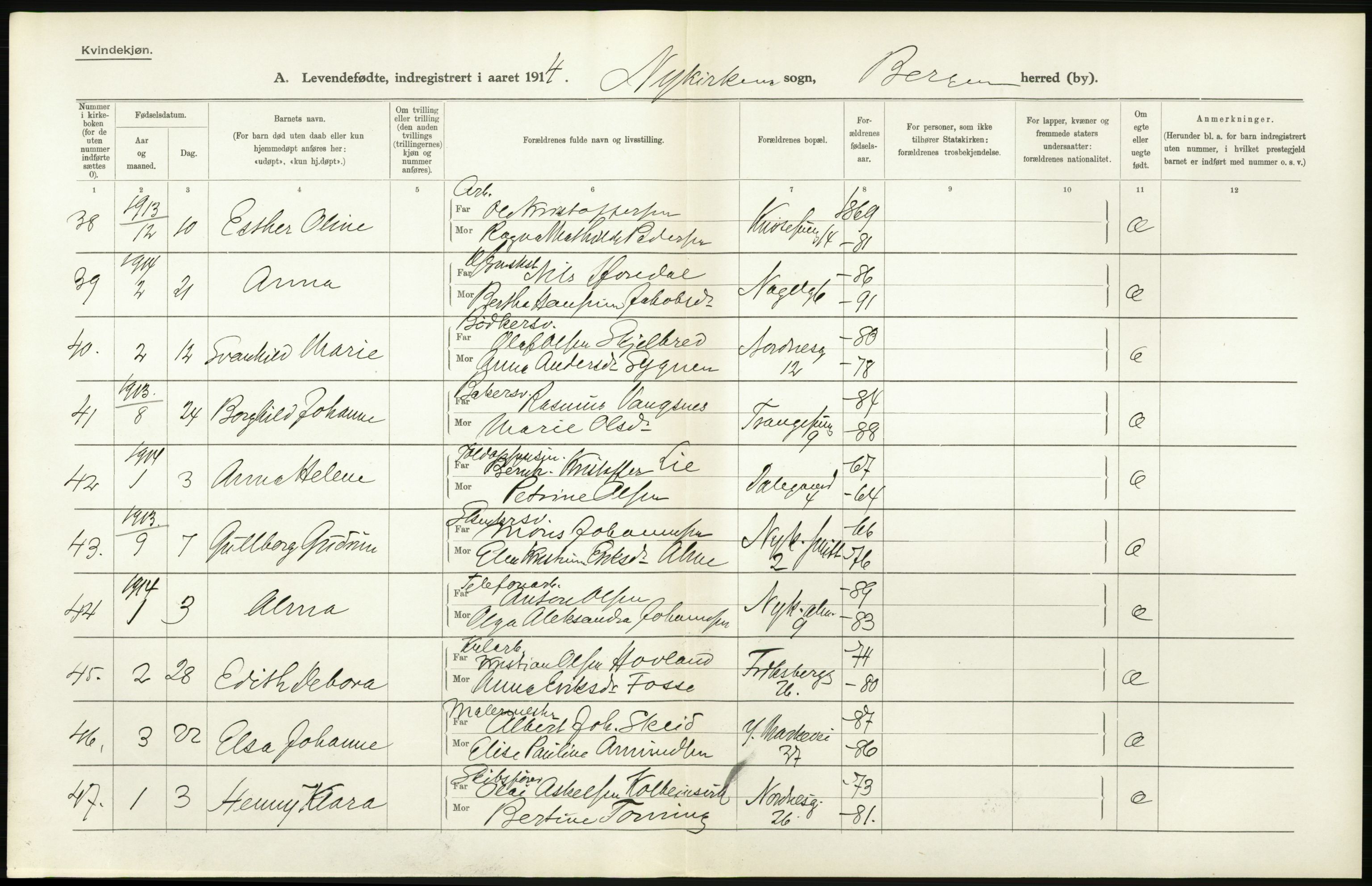 Statistisk sentralbyrå, Sosiodemografiske emner, Befolkning, AV/RA-S-2228/D/Df/Dfb/Dfbd/L0030: Bergen: Levendefødte menn og kvinner., 1914, p. 46