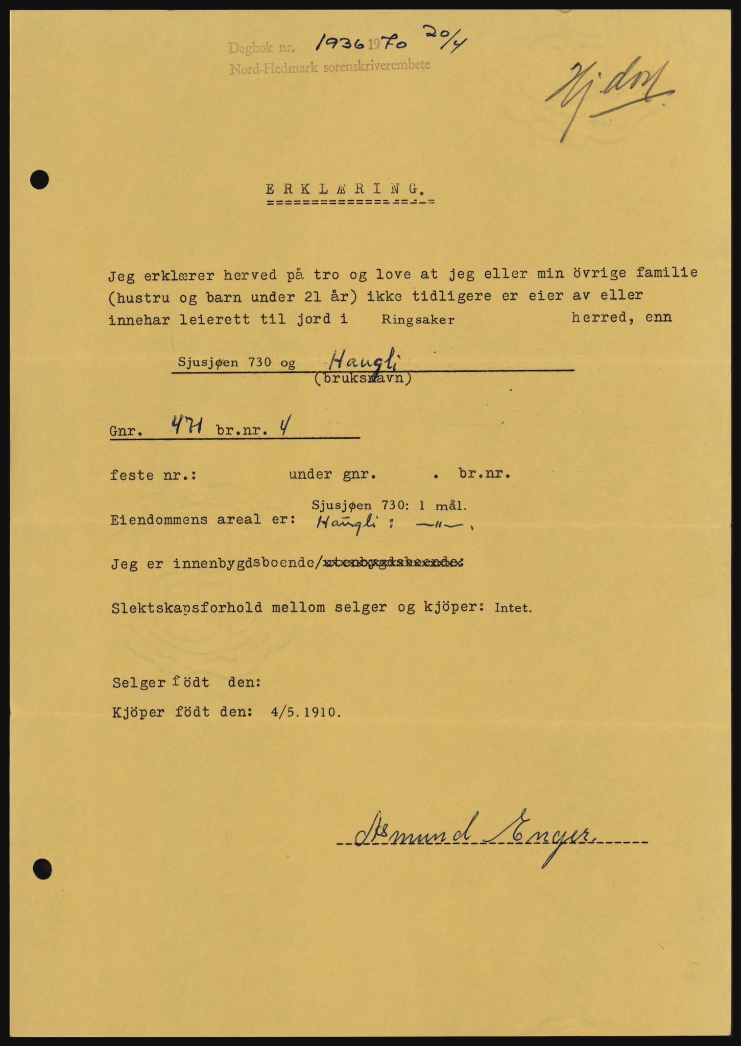 Nord-Hedmark sorenskriveri, SAH/TING-012/H/Hc/L0033: Mortgage book no. 33, 1970-1970, Diary no: : 1936/1970
