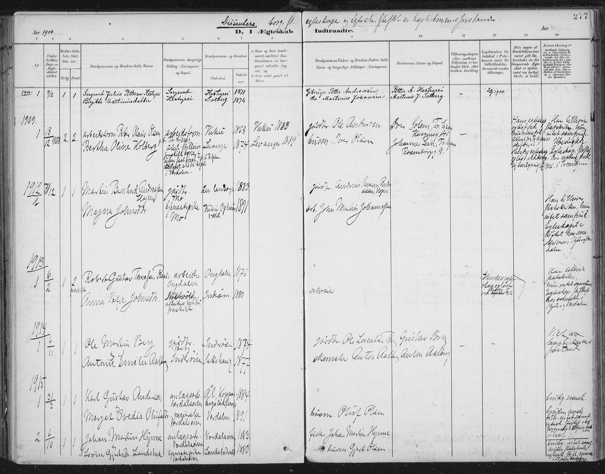 Ministerialprotokoller, klokkerbøker og fødselsregistre - Nord-Trøndelag, SAT/A-1458/723/L0246: Parish register (official) no. 723A15, 1900-1917, p. 277