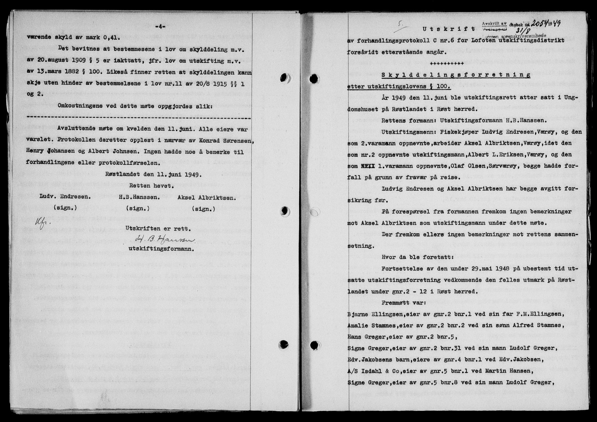 Lofoten sorenskriveri, SAT/A-0017/1/2/2C/L0021a: Mortgage book no. 21a, 1949-1949, Diary no: : 2054/1949