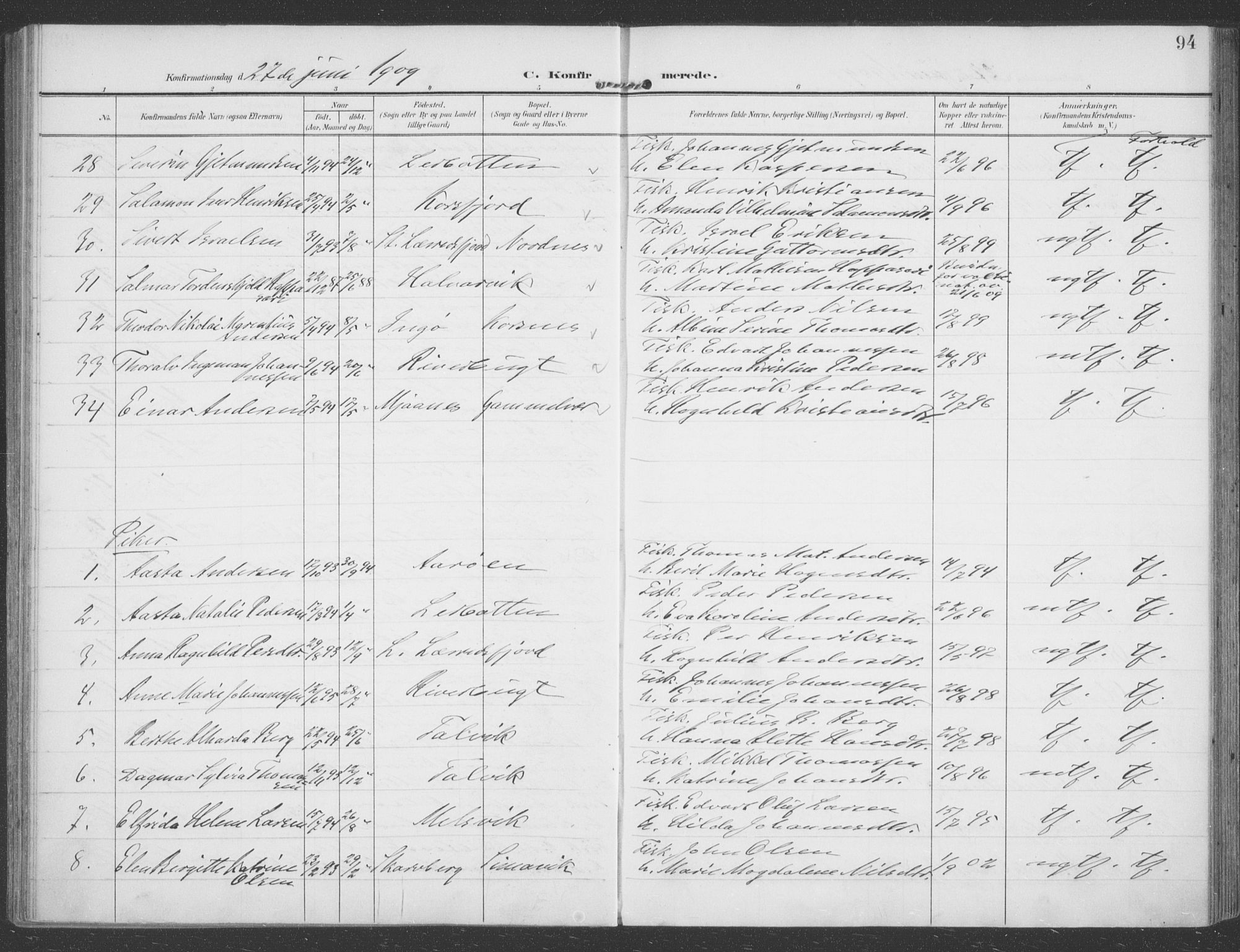 Talvik sokneprestkontor, SATØ/S-1337/H/Ha/L0017kirke: Parish register (official) no. 17, 1906-1915, p. 94