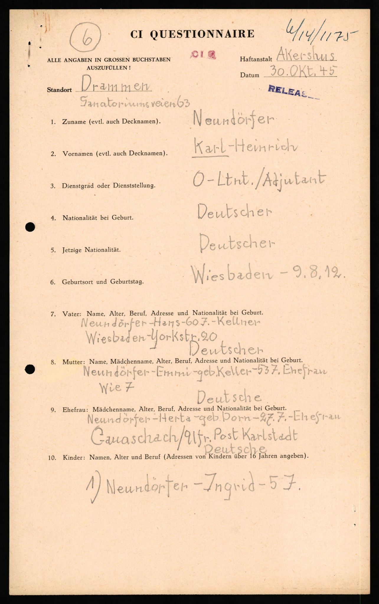 Forsvaret, Forsvarets overkommando II, AV/RA-RAFA-3915/D/Db/L0024: CI Questionaires. Tyske okkupasjonsstyrker i Norge. Tyskere., 1945-1946, p. 87