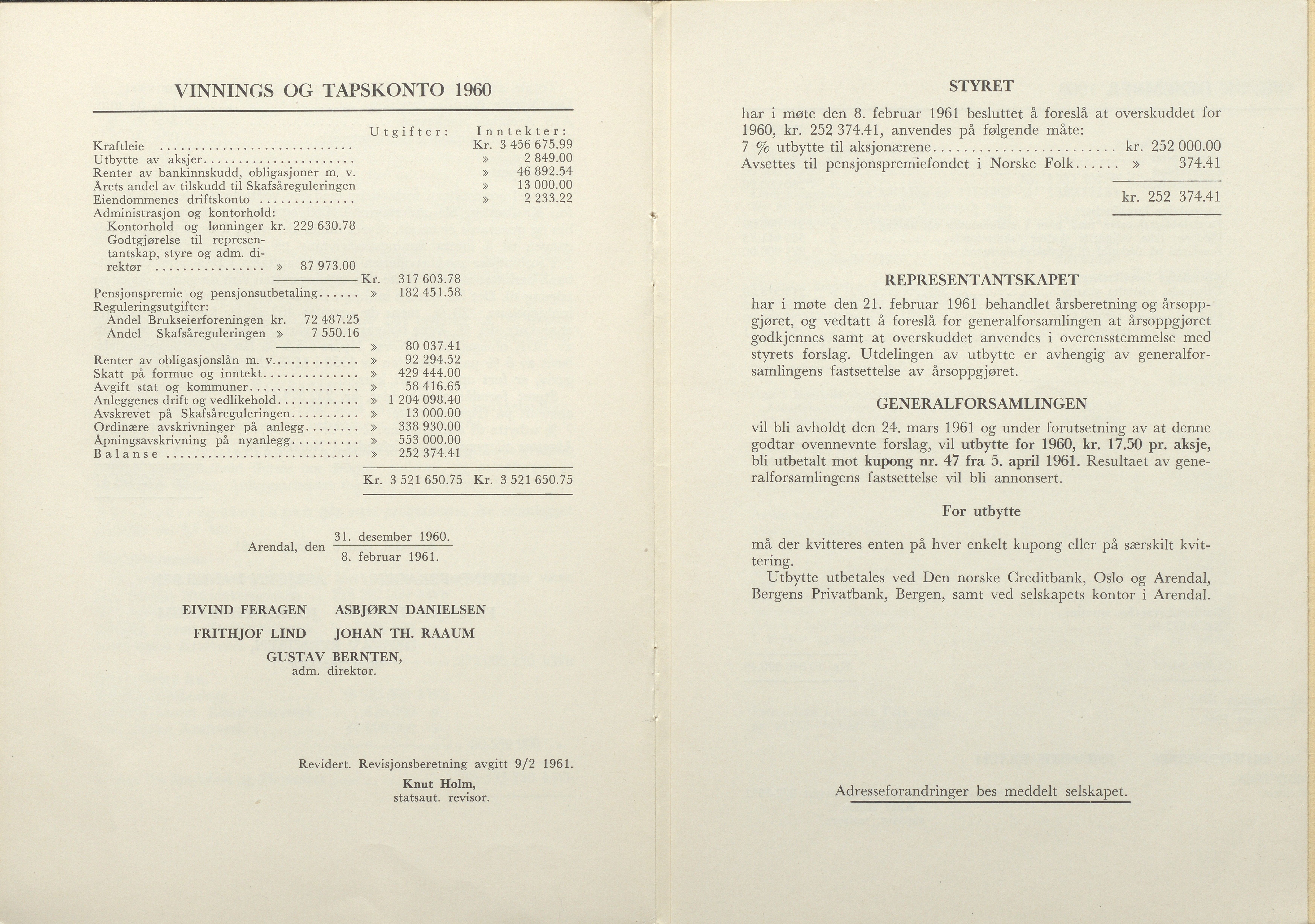 Arendals Fossekompani, AAKS/PA-2413/X/X01/L0001/0012: Beretninger, regnskap, balansekonto, gevinst- og tapskonto / Beretning, regnskap 1945 - 1962, 1945-1962, p. 97