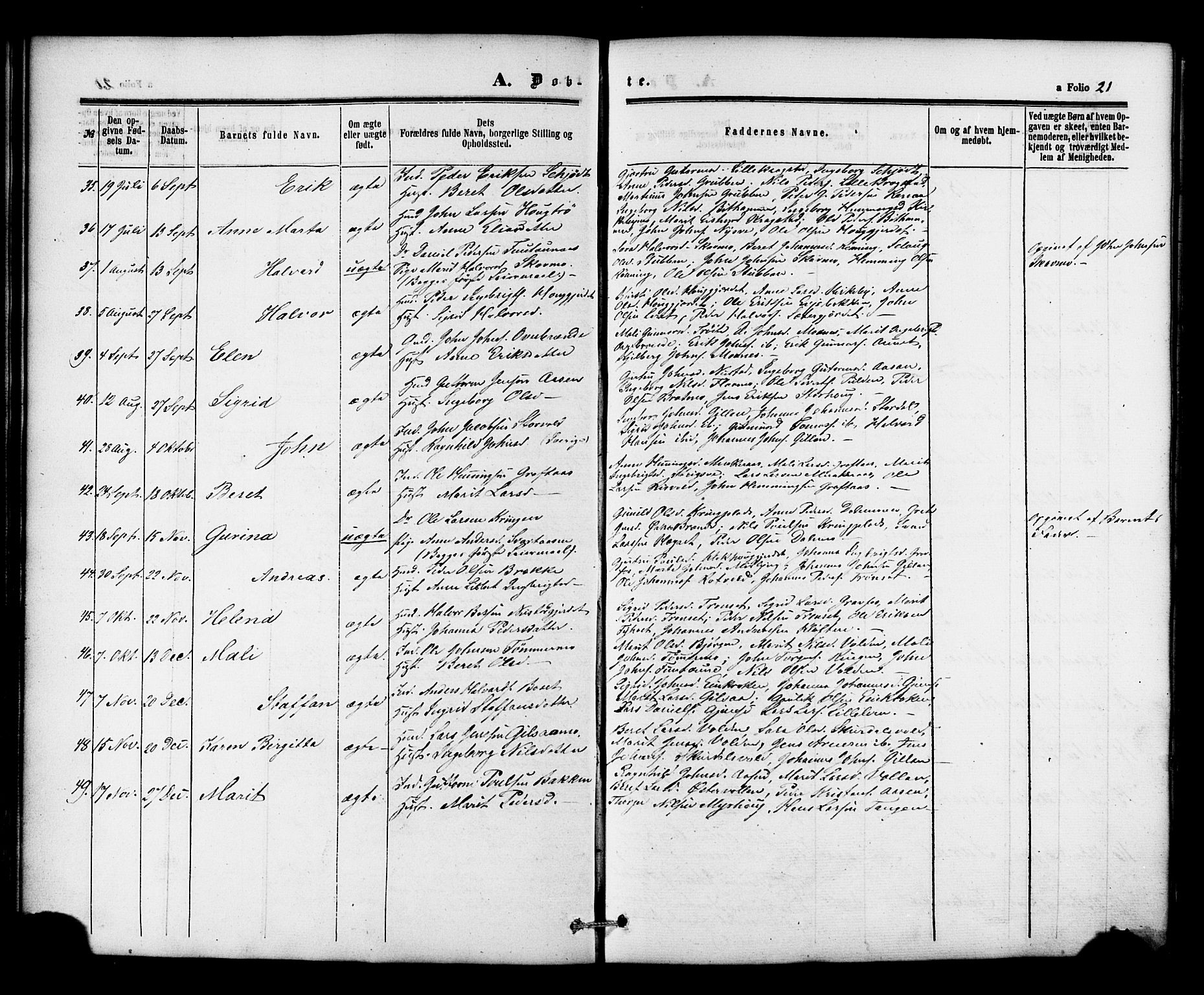 Ministerialprotokoller, klokkerbøker og fødselsregistre - Nord-Trøndelag, AV/SAT-A-1458/706/L0041: Parish register (official) no. 706A02, 1862-1877, p. 21