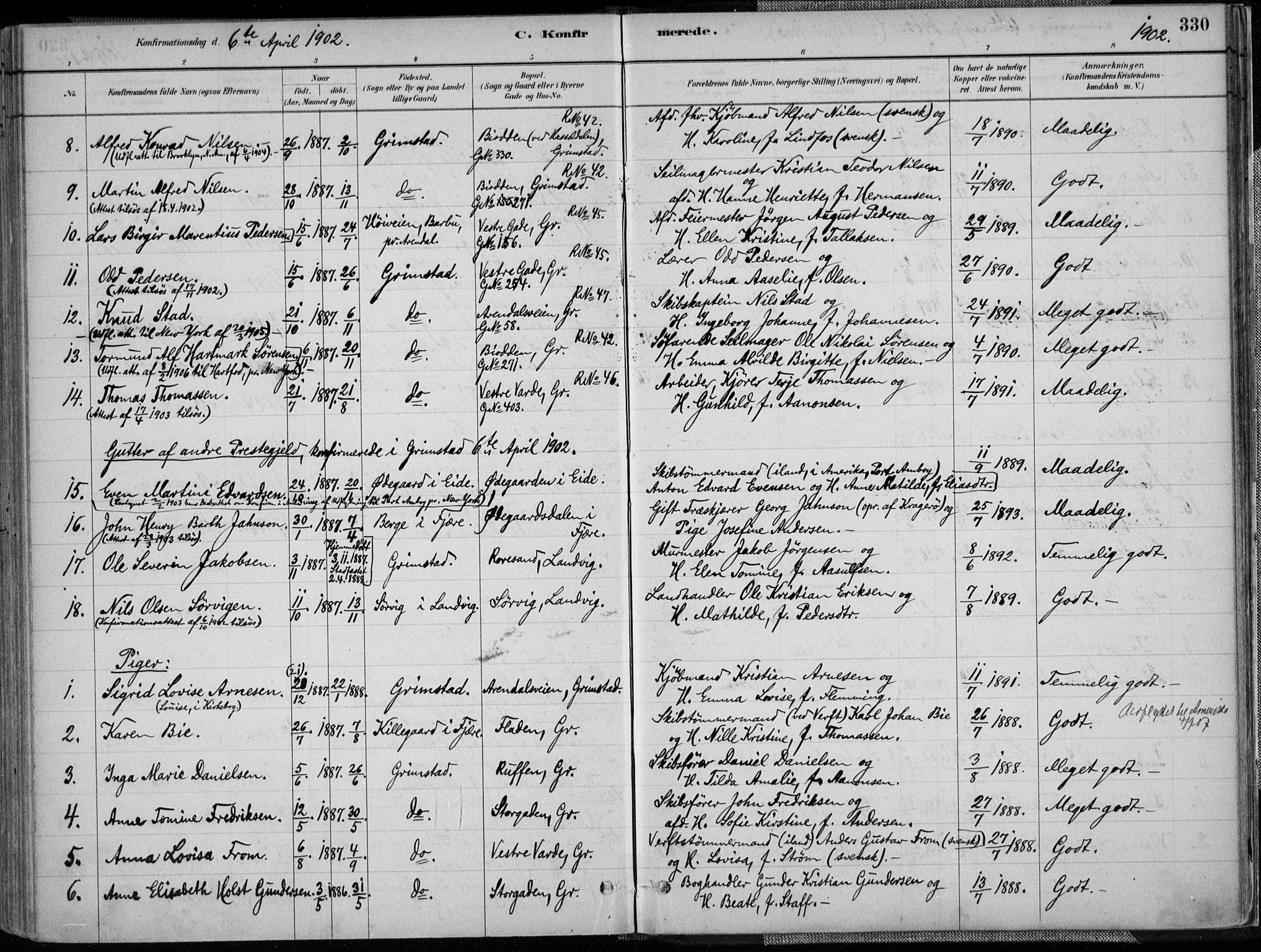 Grimstad sokneprestkontor, SAK/1111-0017/F/Fa/L0003: Parish register (official) no. A 2, 1882-1912, p. 330