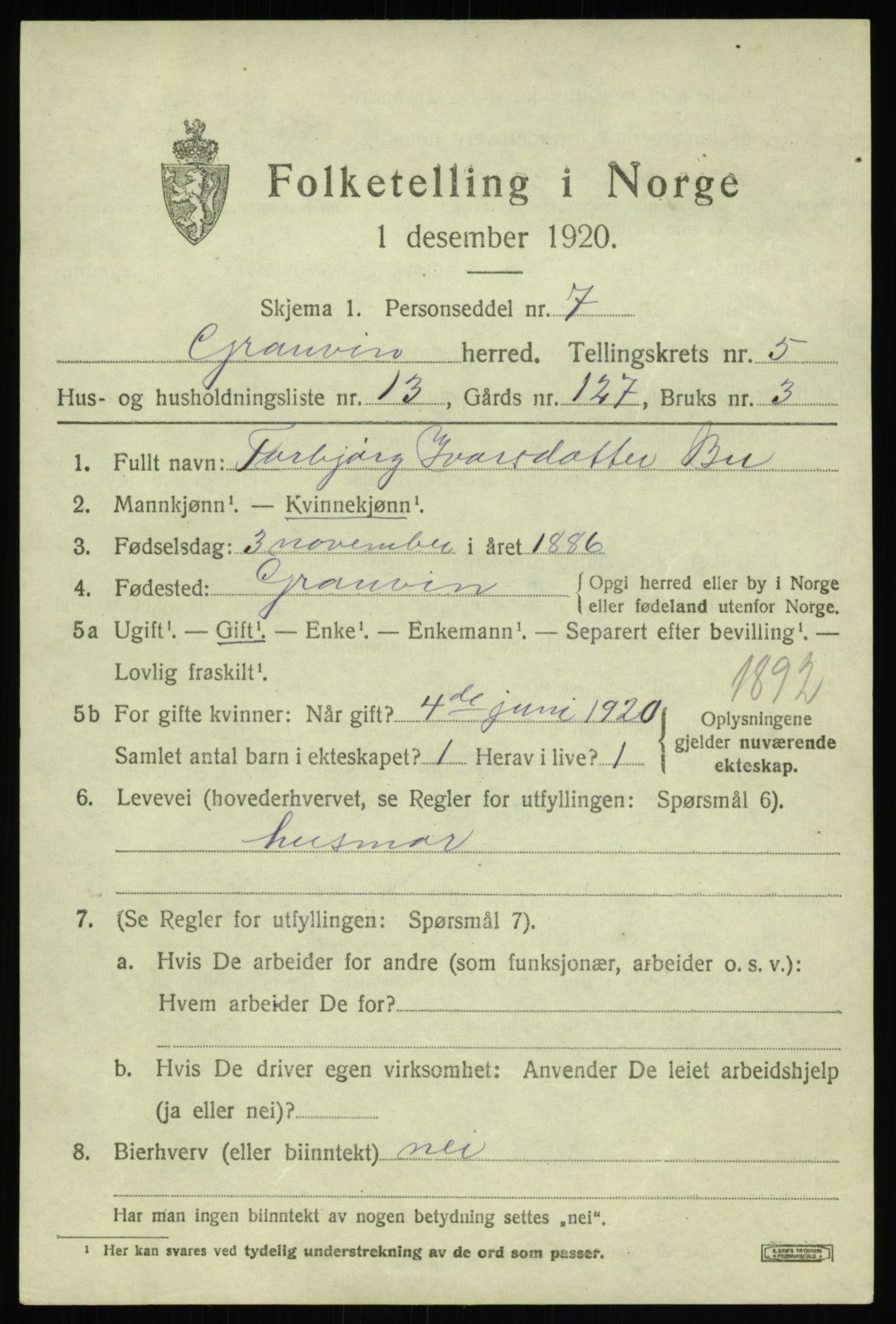 SAB, 1920 census for Granvin, 1920, p. 2514