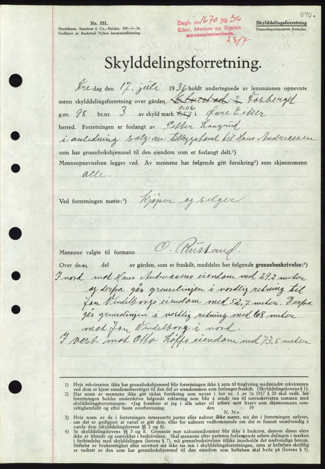 Eiker, Modum og Sigdal sorenskriveri, SAKO/A-123/G/Ga/Gab/L0032: Mortgage book no. A2, 1936-1936, Diary no: : 1670/1936