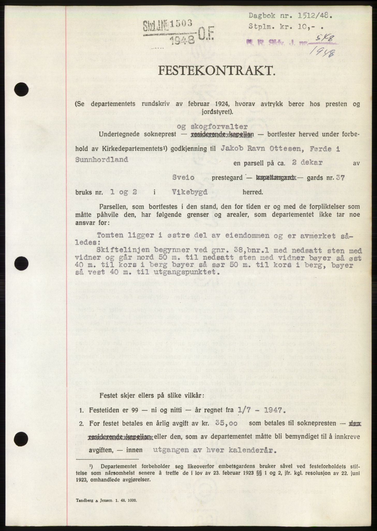 Sunnhordland sorenskrivar, AV/SAB-A-2401: Mortgage book no. B75-79, 1948-1950, Diary no: : 1512/1948