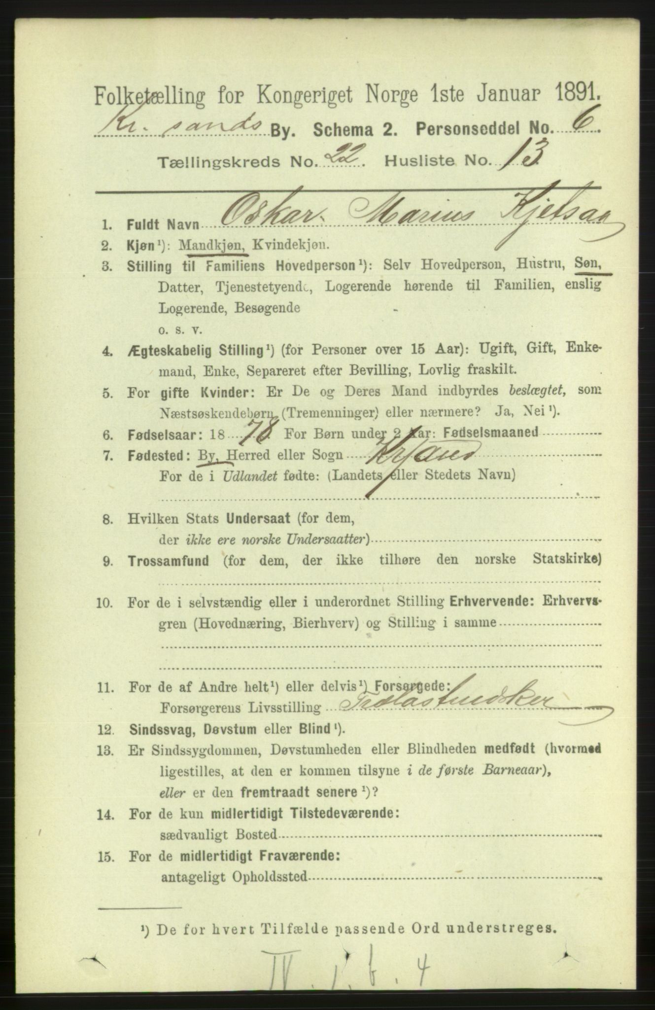RA, 1891 census for 1001 Kristiansand, 1891, p. 8423