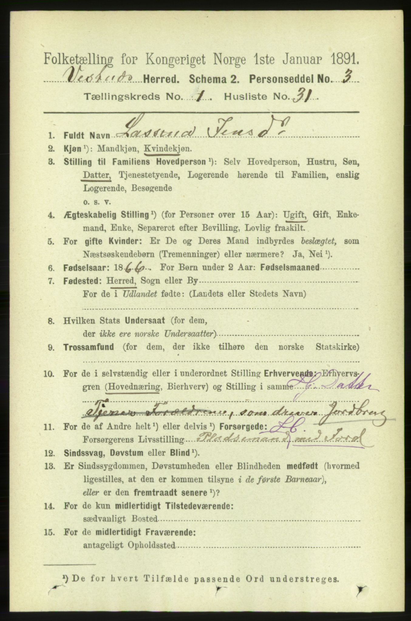 RA, 1891 census for 1535 Vestnes, 1891, p. 261